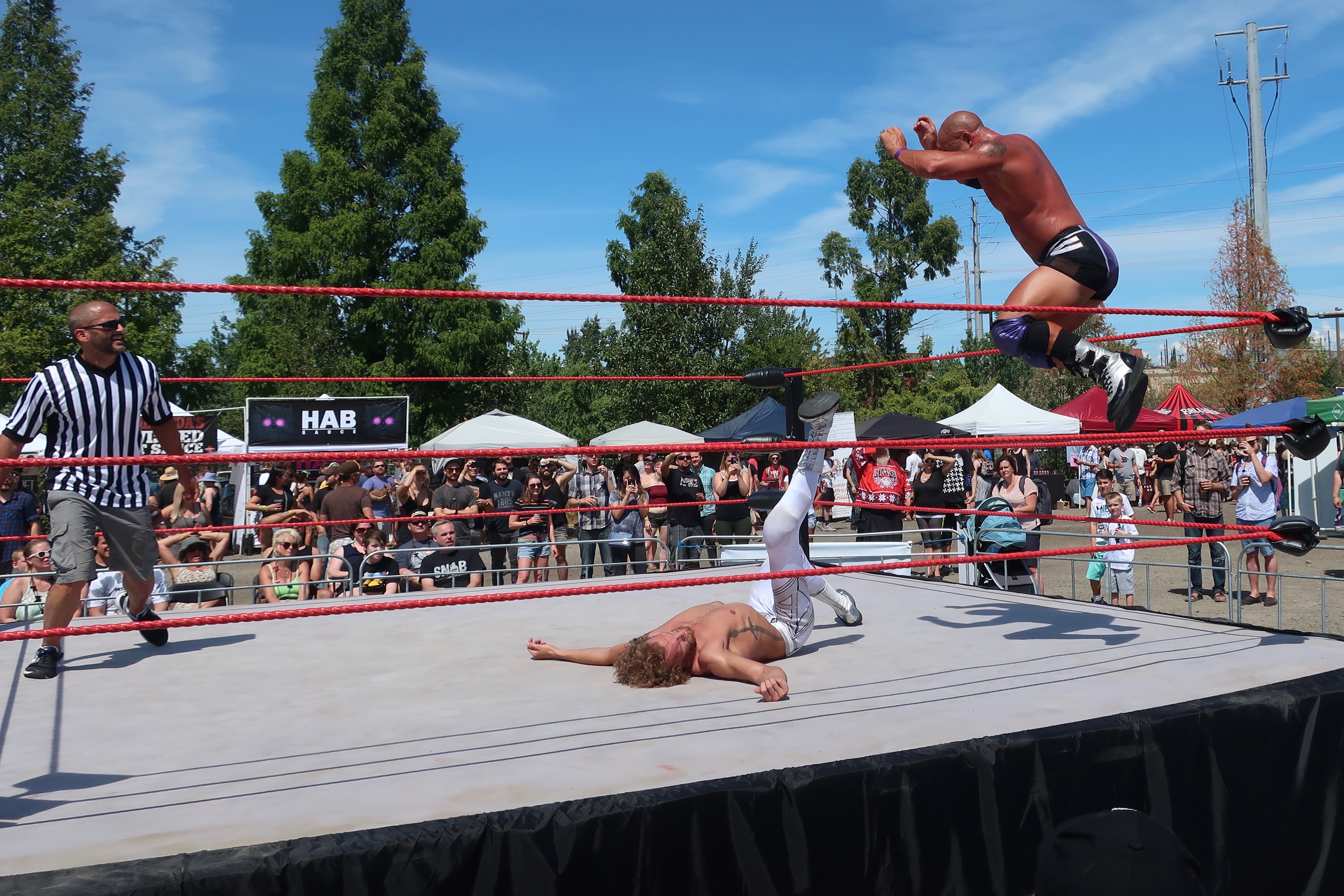 Action packed wrestling is part of the PDX Hot Sauce Expo in Portland, Oregon.