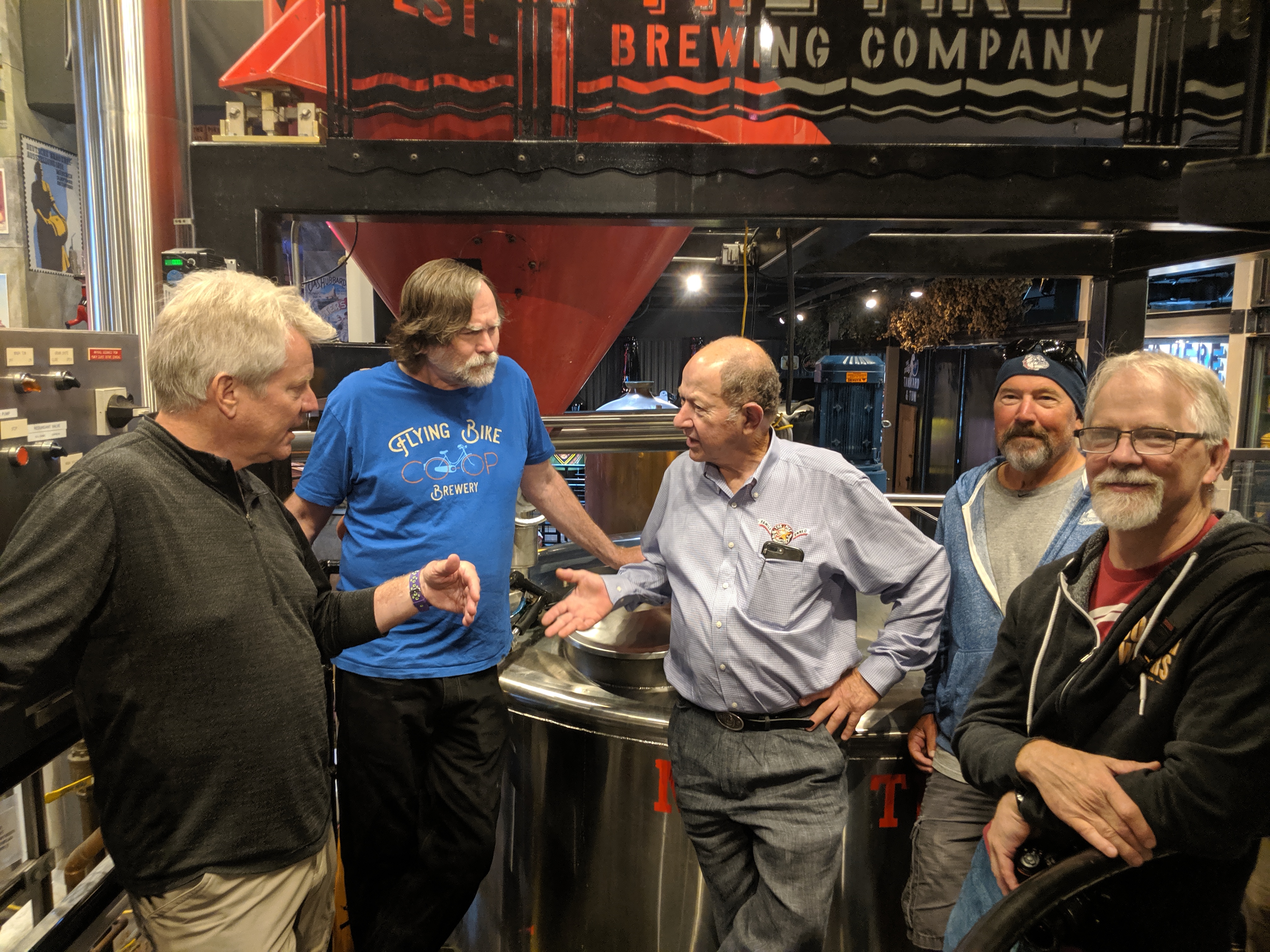 Dick Cantwell, Kevin Forhan, Charles Finkel, Kim Brusco, Jason Parker at Pike Brewing brewing Pike Reunion IPA. (image courtesy of Pike Brewing)