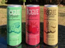 New Rogue Canned Cocktails of Cucumber Lime Gin Fizz, Cranberry Elderflower Vodka Soda, and Ginger Lime Vodka Mule. (photo by Cat Stelzer)
