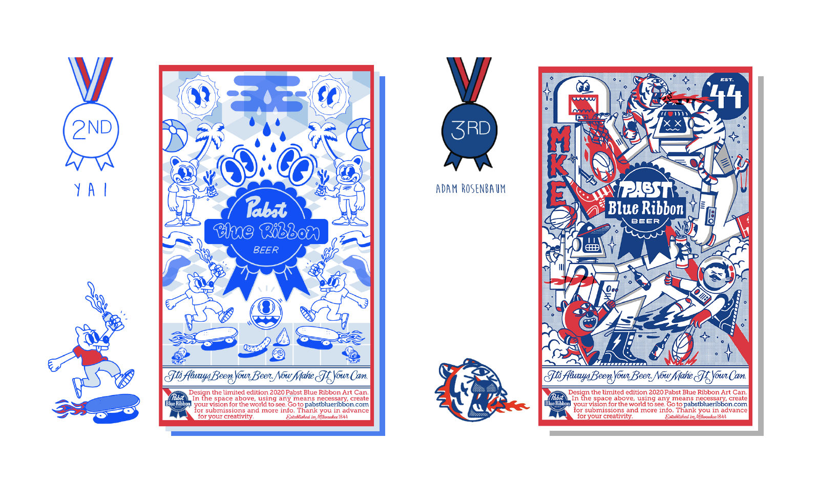 2020 Pabst Blue Ribbon Art Can Contest 2nd Place from Yahira Vila and 3rd Place from Adam Rosenbaum