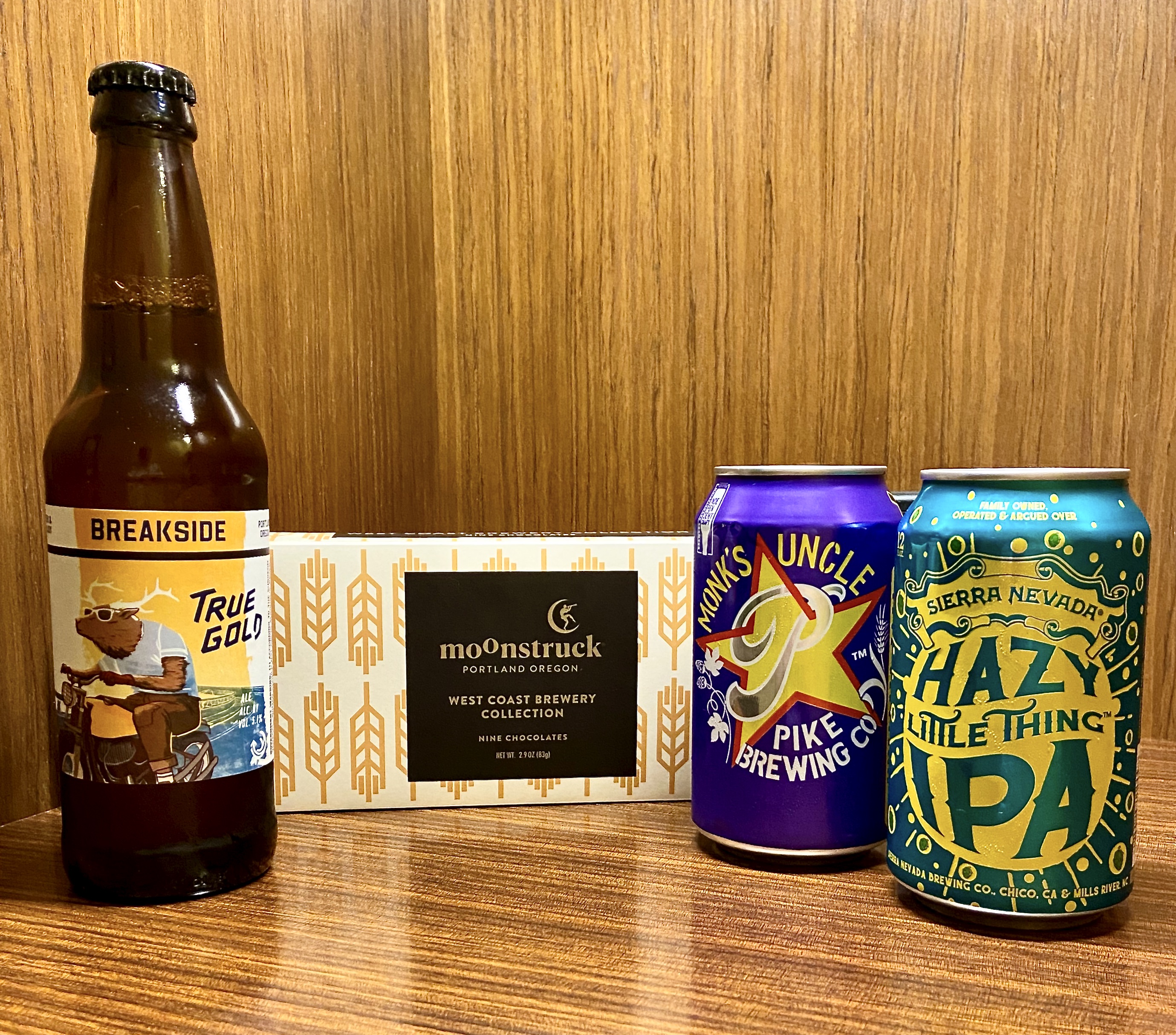 Moonstruck Chocolate West Coast Brewery Collection with Breakside Brewery’s True Gold Golden Ale, Pike Brewing’s Monk’s Uncle Tripel Ale and Sierra Nevada’s Hazy Little Thing IPA.