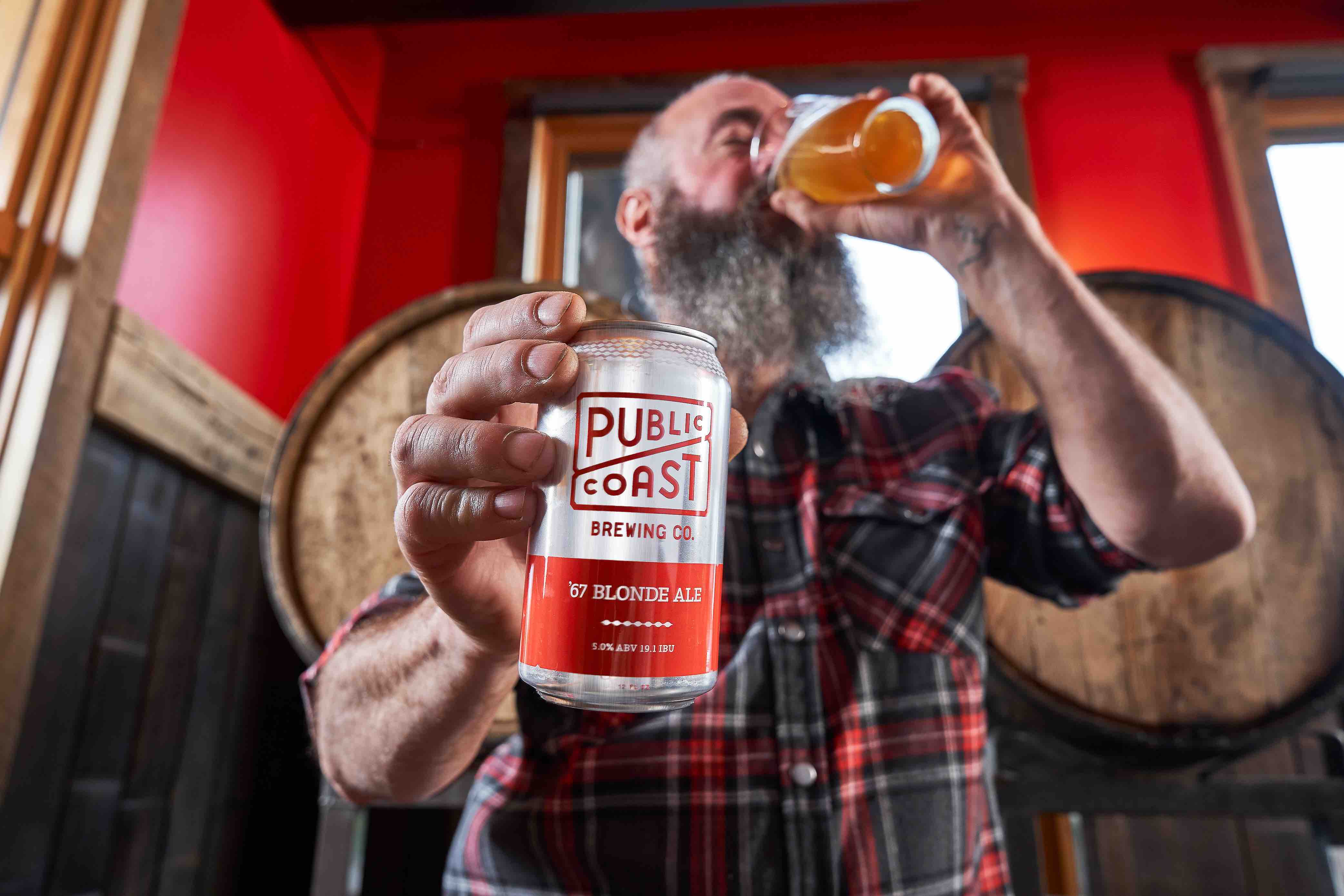 image of Will Leroux and his '67 Blonde Ale courtesy of Public Coast Brewing
