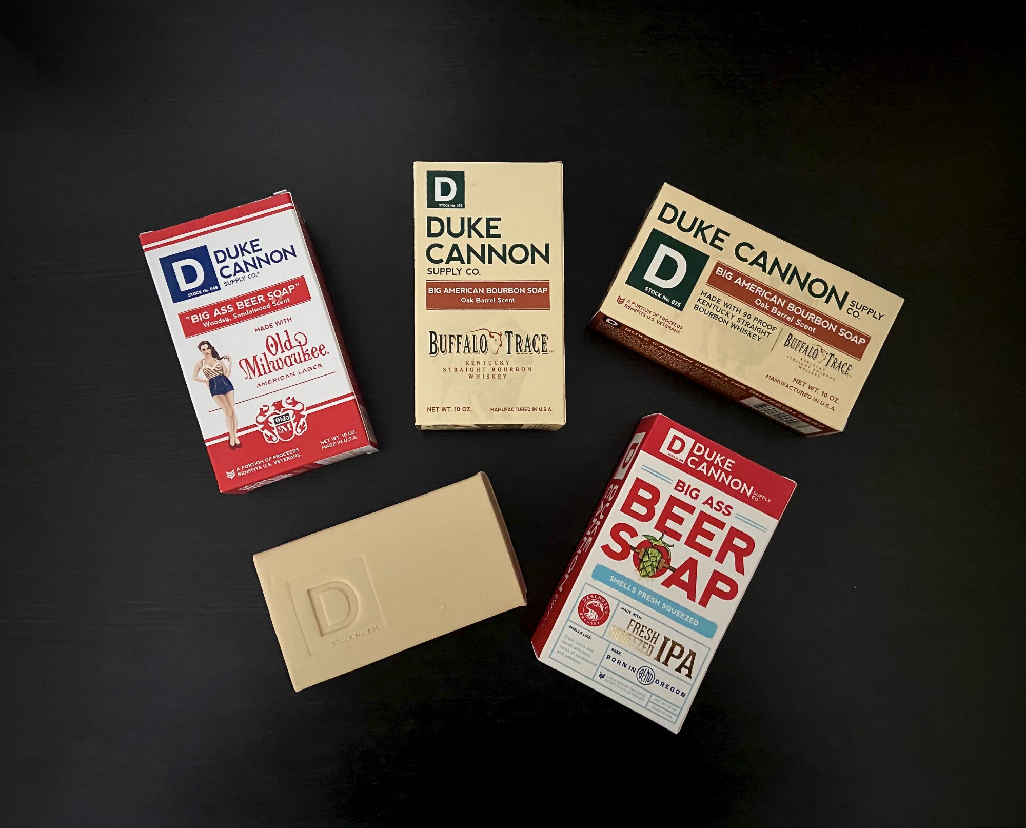 The Beer and Bourbon Box – Deschutes Fresh Squeezed IPA Soap, Old Milwaukee Soap, and Buffalo Trace Bourbon Soap from Duke Cannon Supply Co.