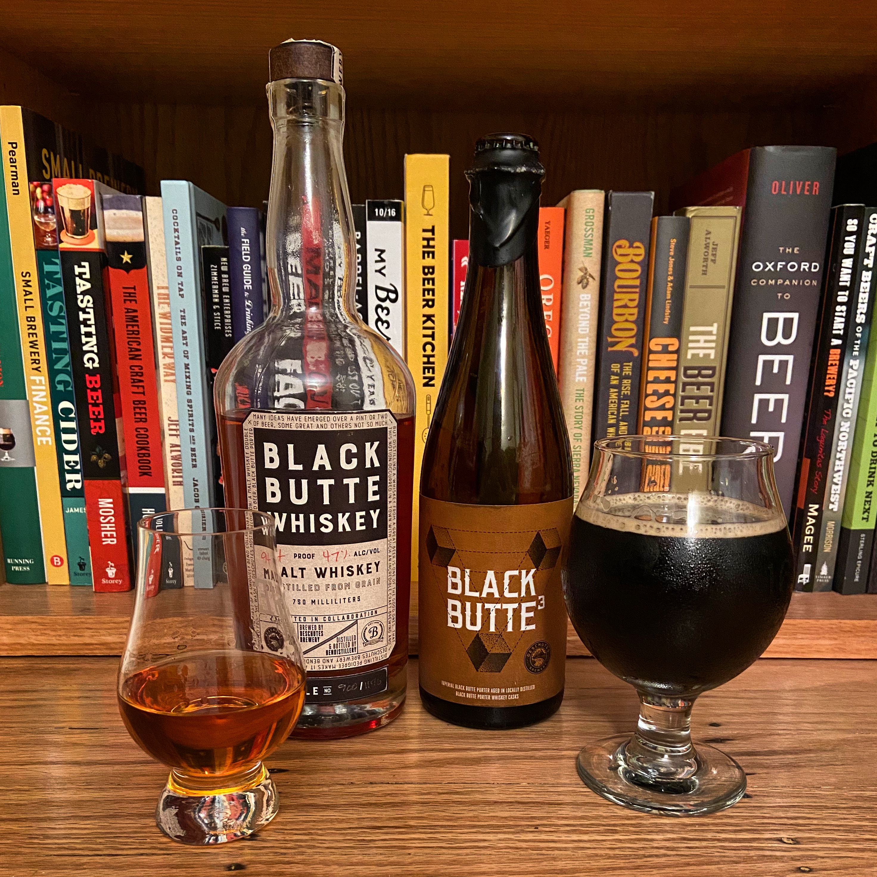 A bottle of Black Butte³ and paired with a dram of Black Butte Whiskey. This is a cask share between Deschutes Brewery and Bend Distillery (Crater Lake Spirits). Really digging the Black Butte³ that was aged in former Black Butte Whiskey barrels.