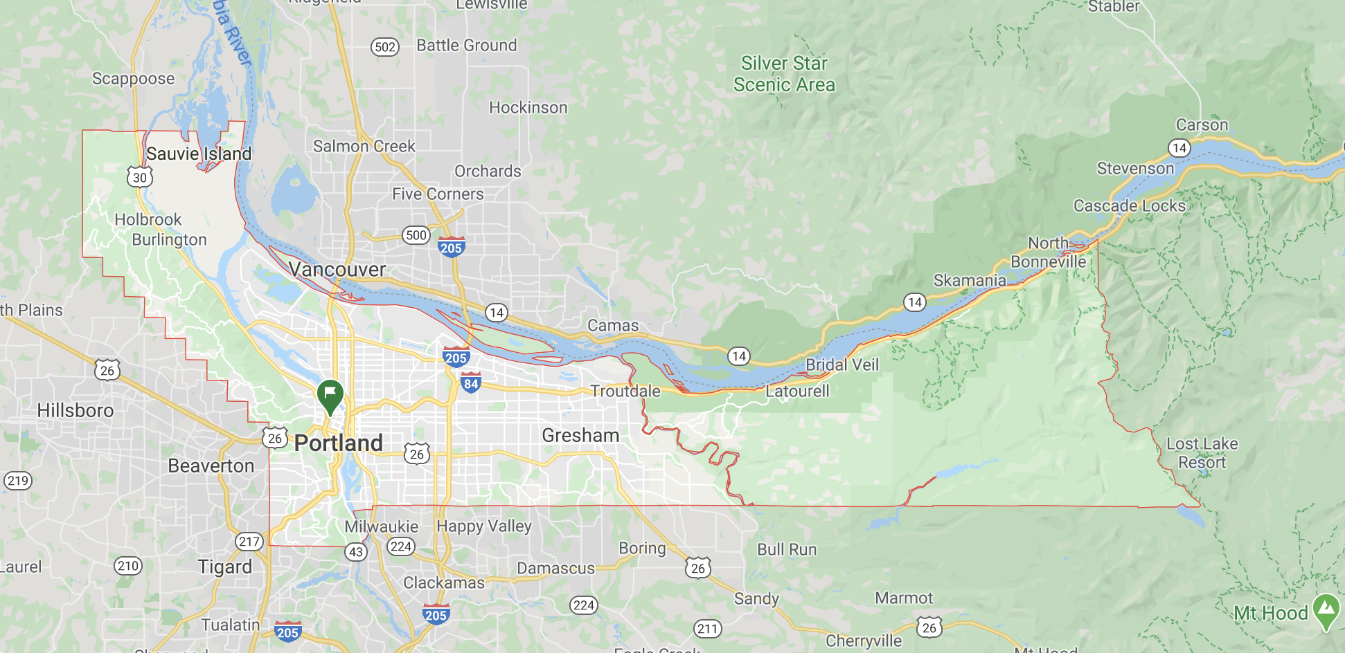 Multnomah County, Oregon's most populated county includes Portland, Gresham, and Troutdale. (image courtesy of Google)