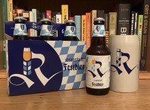 Rosenstadt Brewery Festbier and a proper ceramic stein with the Rosenstadt script logo.