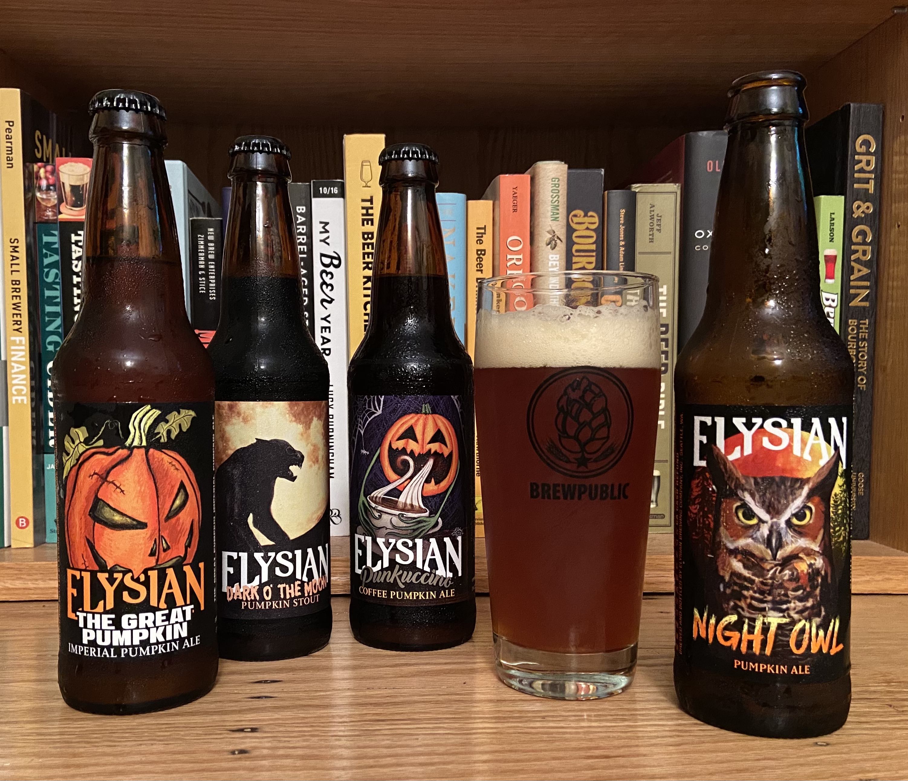 The 2020 Pumpkin Ale lineup from Elysian Brewing - The Great Pumpkin, Dark O' The Moon, Punkuccino, and Night Owl.