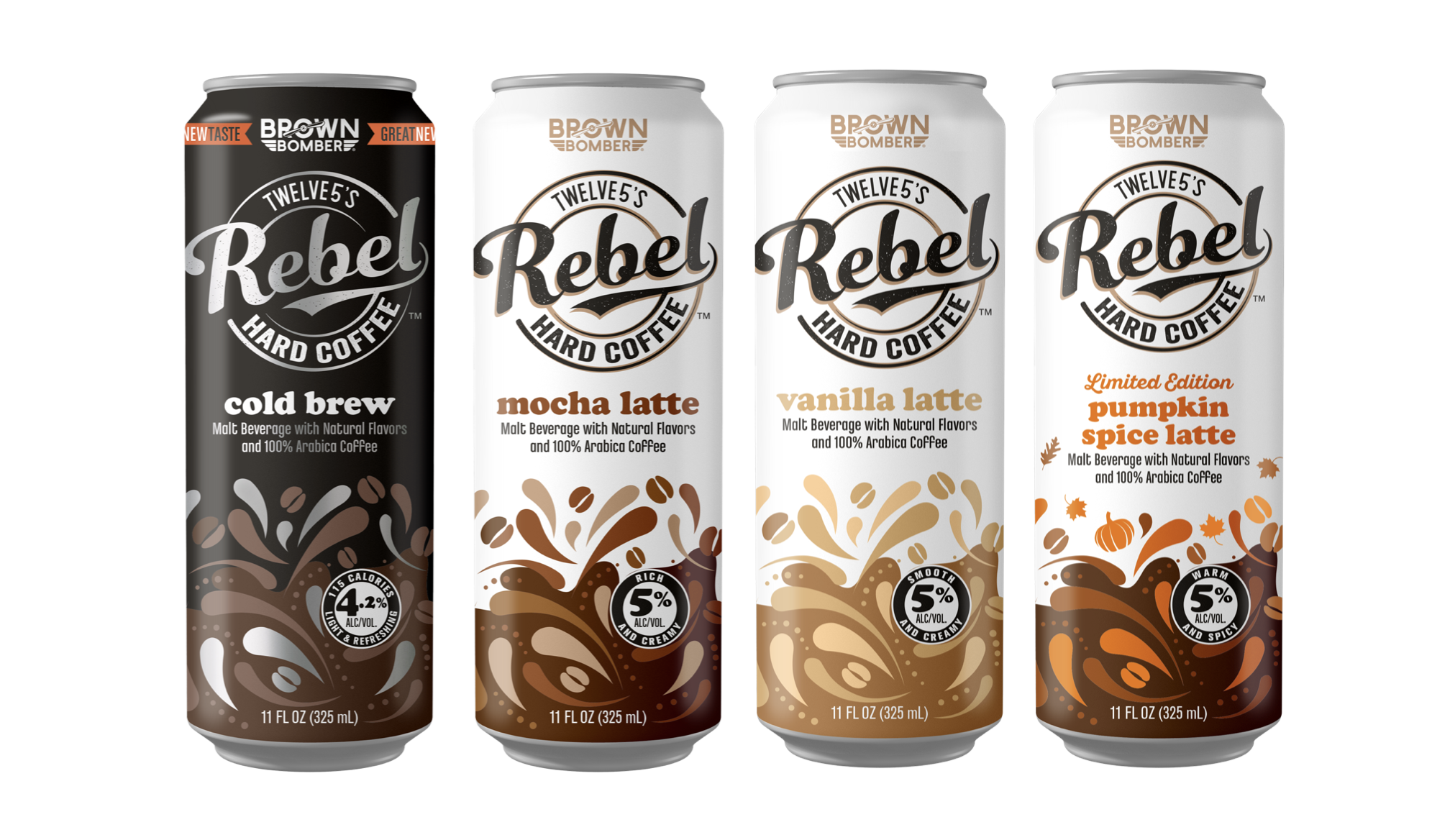 Twelve5 Beverage Co. Rebel Hard Coffee lineup of flavors that includes Hard Cold Brew, Mocha Hard Latte, Vanilla Hard Latte, and the Limited Edition Pumpkin Spice Hard Latte.