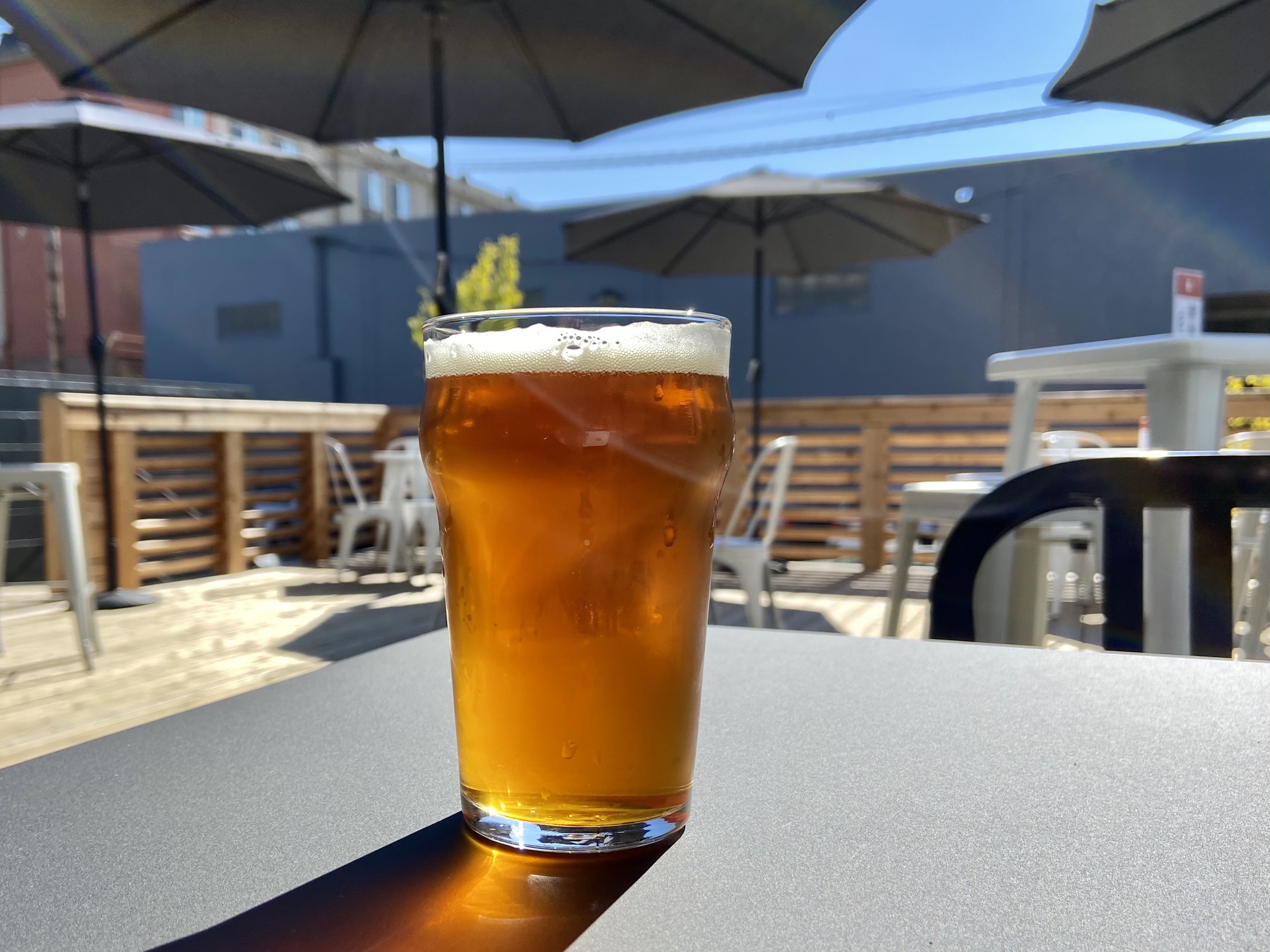 The IPA from Hammer & Stitch Brewing with a view of the outdoor deck.