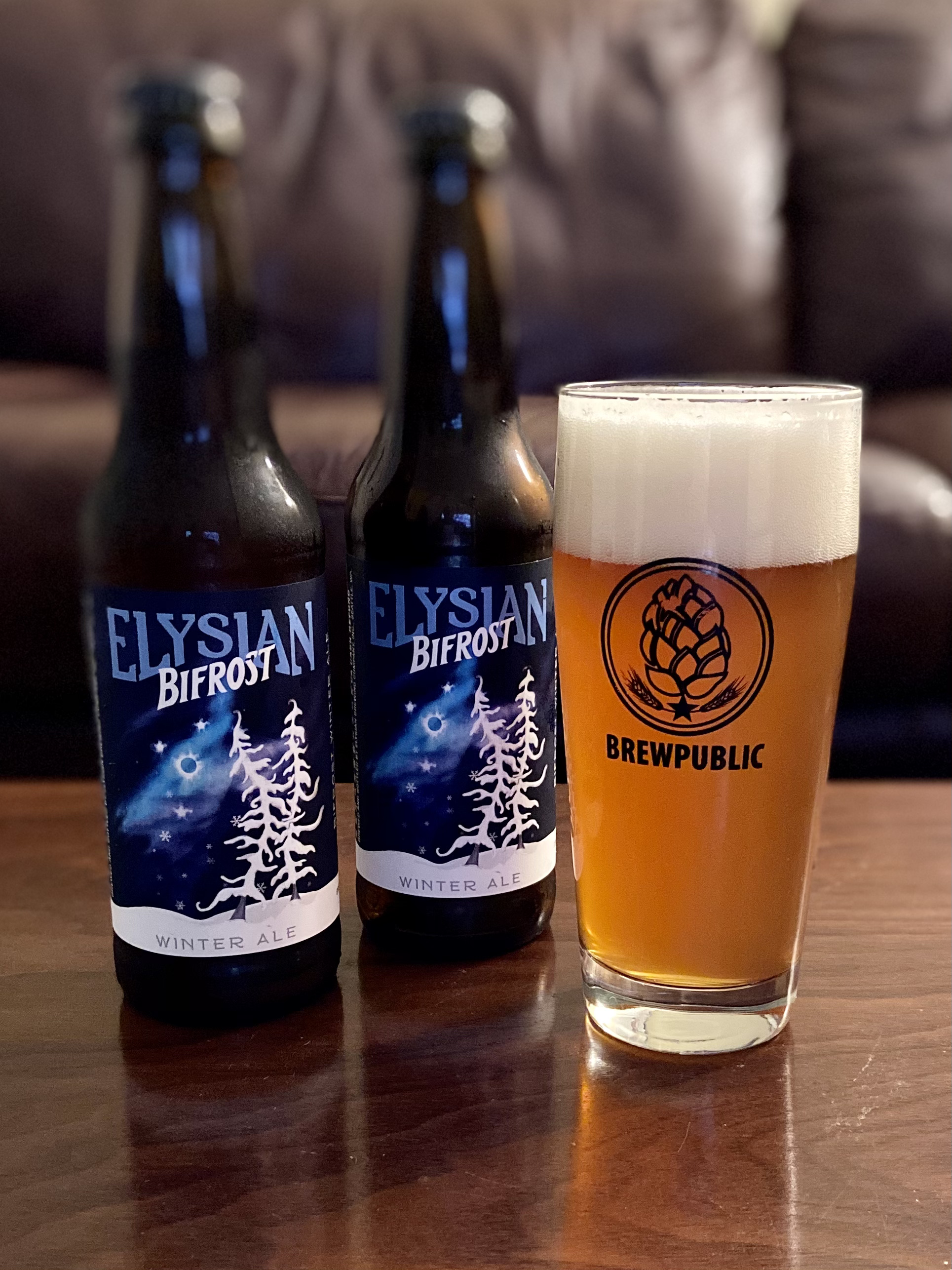 Elysian Brewing's Bifrost Winter Ale served in a BREWPUBLIC glass.