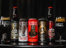 image of Rolling Thunder Imperial Stout, Chocolate Stout Nitro, Double Chocolate Stout, Shakespeare Stout Nitro, and Rolling Thunder Imperial Chipotle Stout courtesy of Rogue Ales & Spirits