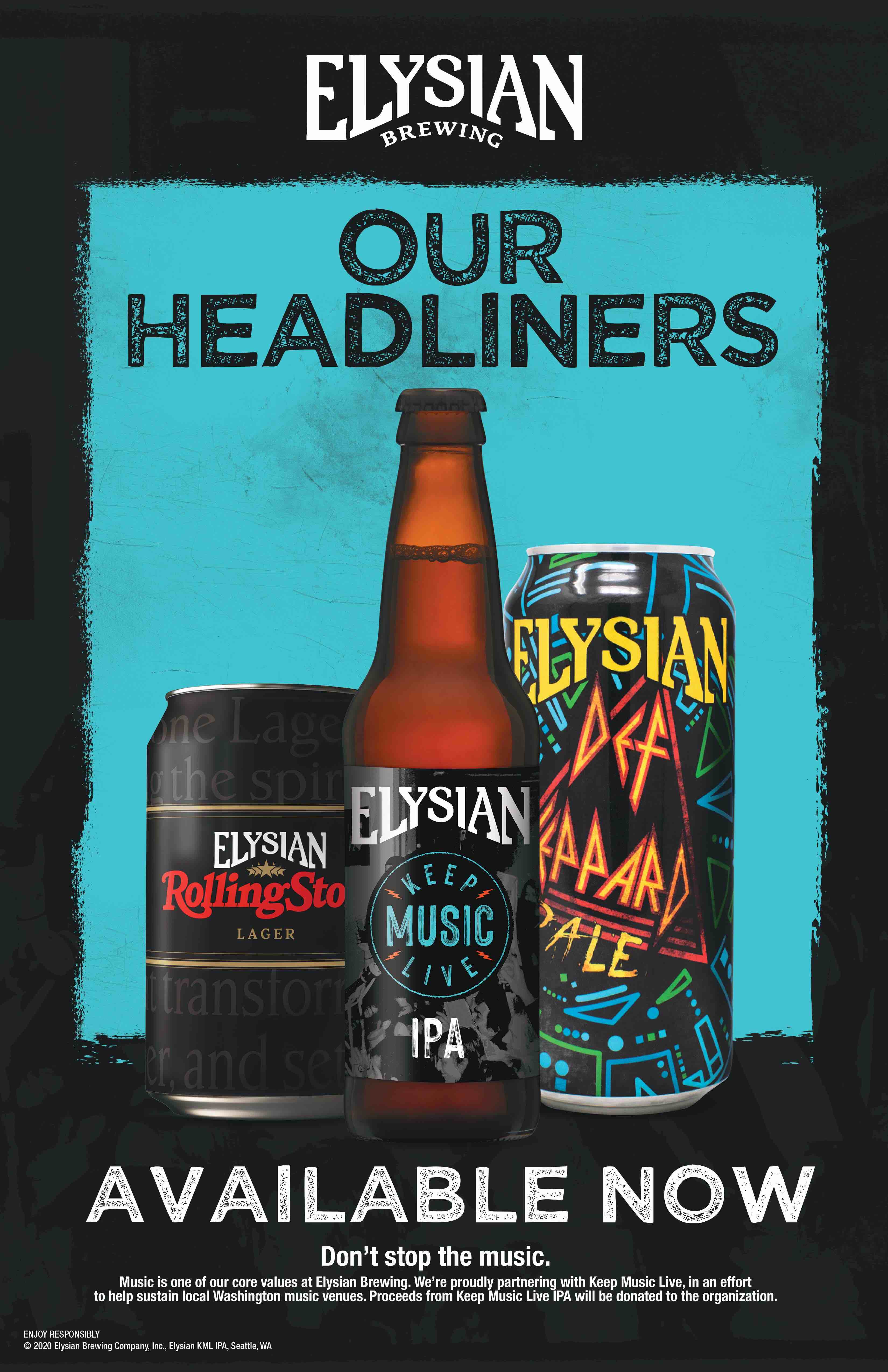 Elysian Brewing Headliners - Elysian & Rolling Stone Lager, Keep Music Live IPA, and Def Leppard Pale