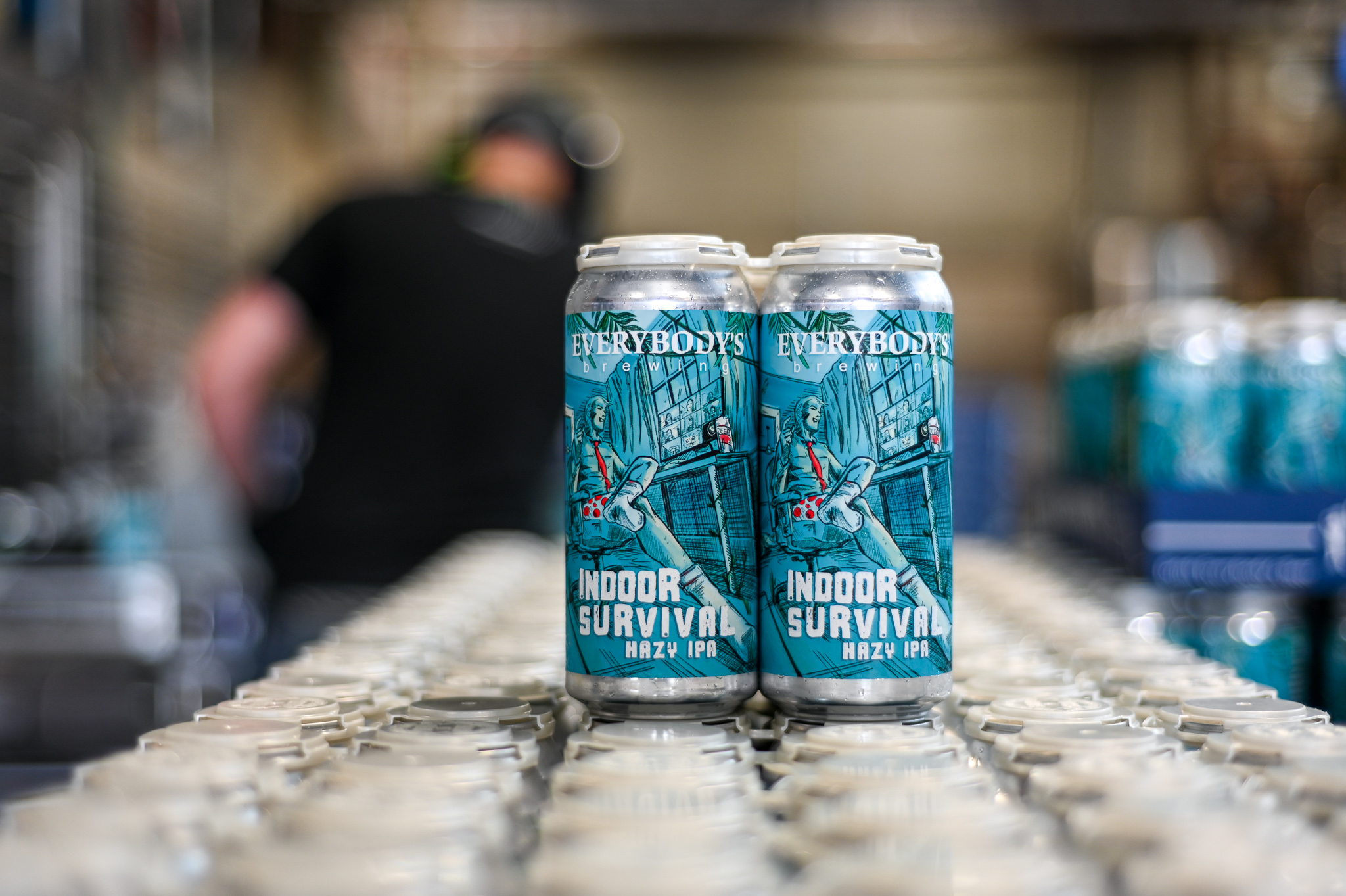 Everybody's Brewing Indoor Survival Hazy IPA 4-Pack on Pallet. (image courtesy of Everybody's Brewing)