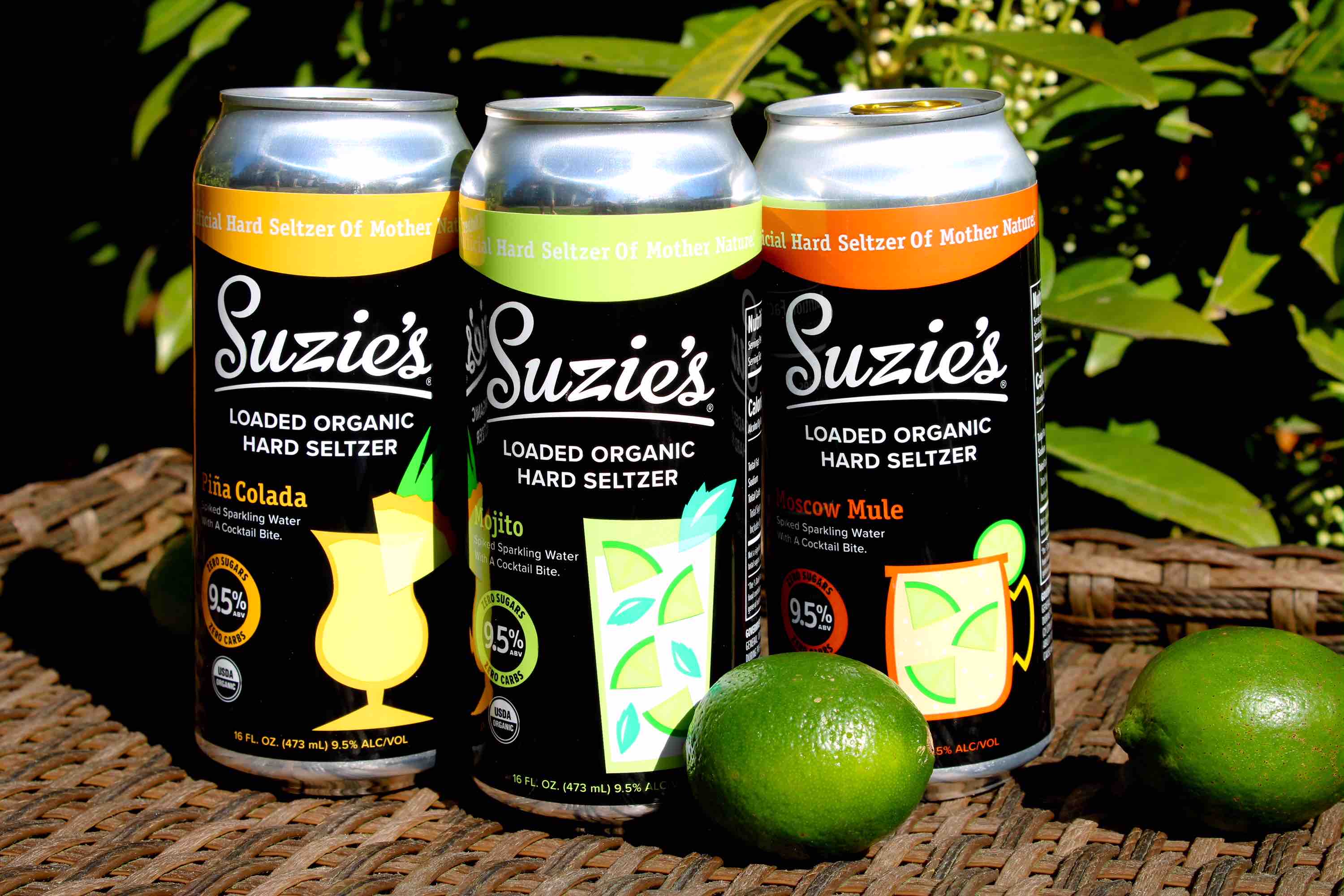 Suzie’s Brewery Expands with Lineup of Loaded Organic Hard Seltzers with three flavors - Pina Colada, Mojito, and Moscow Mule. (image courtesy of Suzie's Brewing Co.)