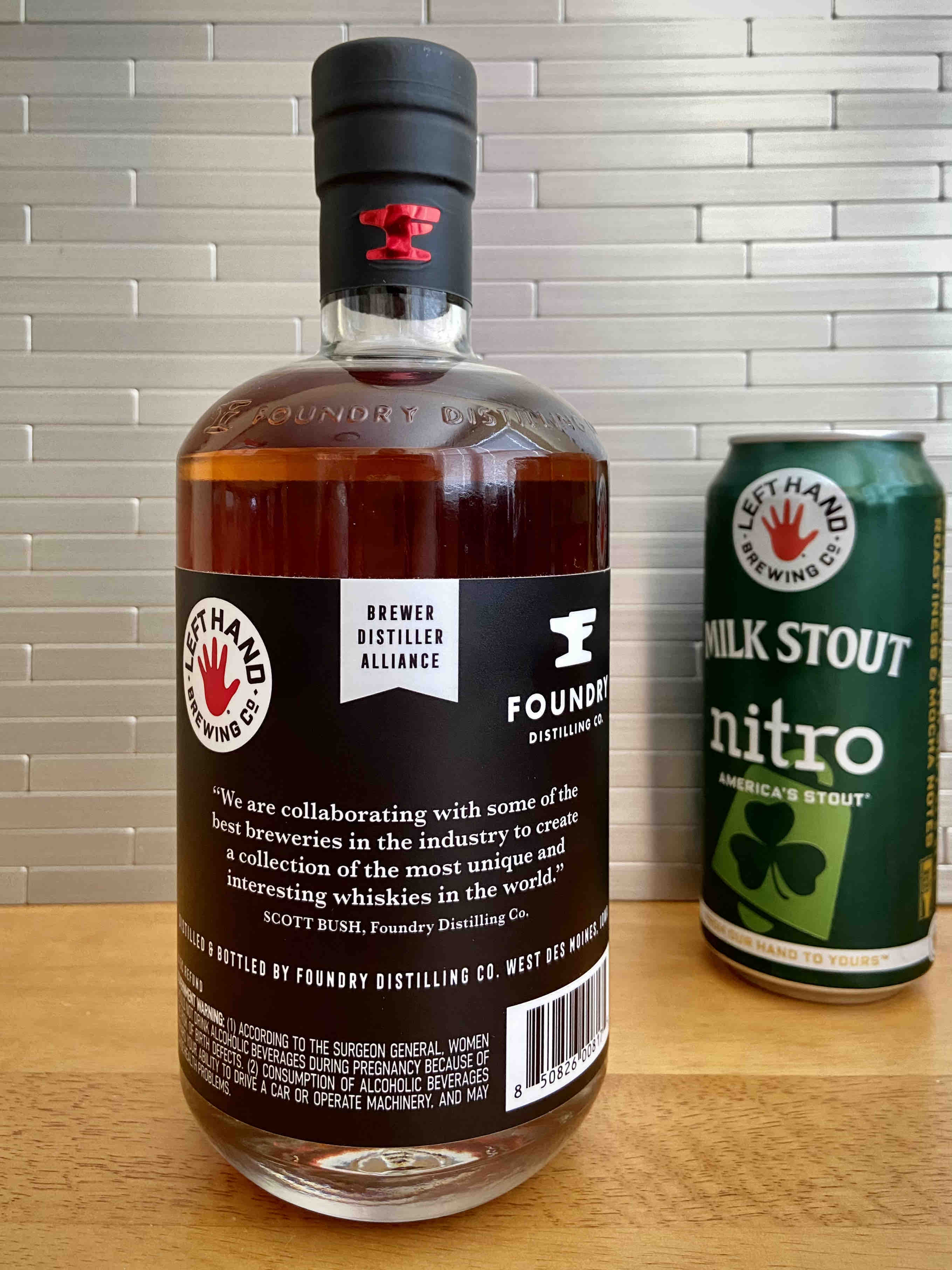 The back label of Sinister Malt Whiskey from Left Hand Brewing and Foundry Distilling Co.