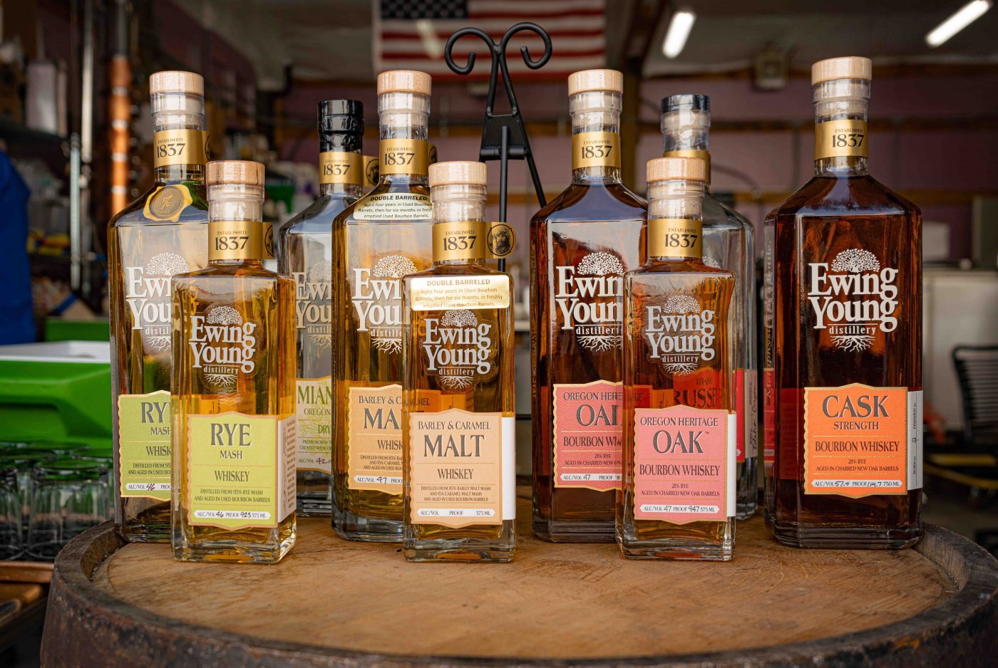 The lineup of whiskey from Ewing Young Distillery. (image courtesy of photographer Erica Davis)
