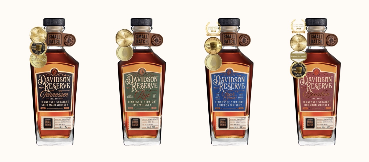 Davidson ReseWhiskey..jrve Tennessee Straight Sour Mash Whiskey, Straight Rye Whiskey, Four Grain Bourbon, and Straight Bourbon Whiskey.