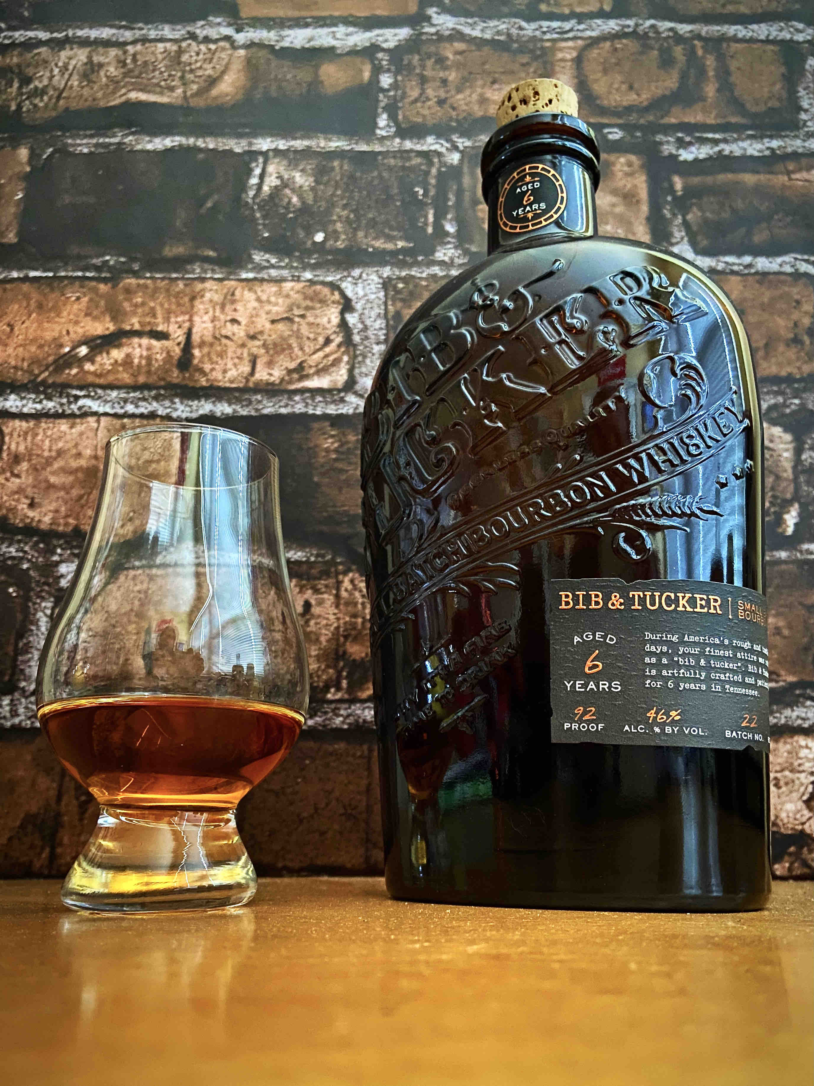 A neat pour of Bib & Tucker 6 Year Old Small Batch Bourbon Whiskey