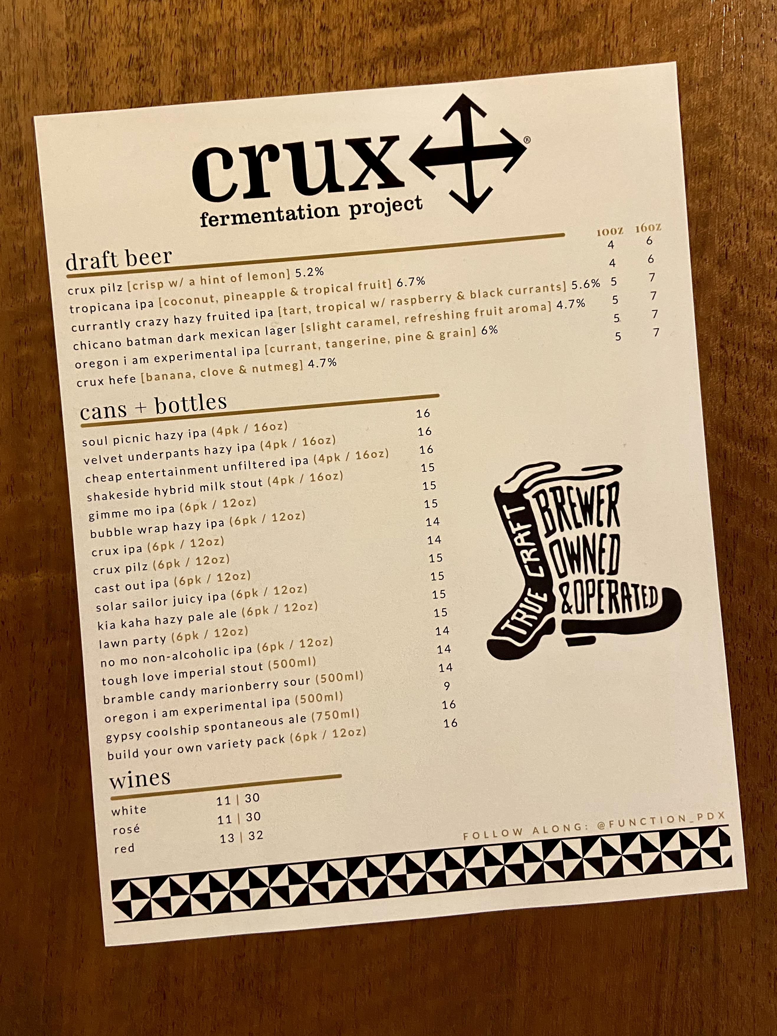 The opening Crux Fermentation Project beer list at Function PDX.