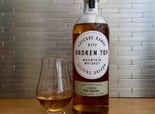A Glencairn glass of Broken Top Straight Rye Whiskey from Sisters, Oregon.