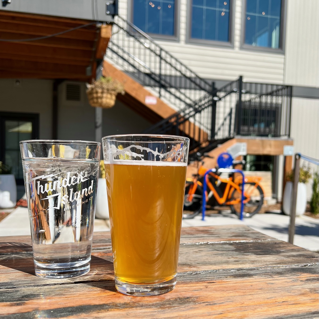 A beer on the outdoor beer garden at Thunder Island Brewing in Cascade Locks, Oregon.