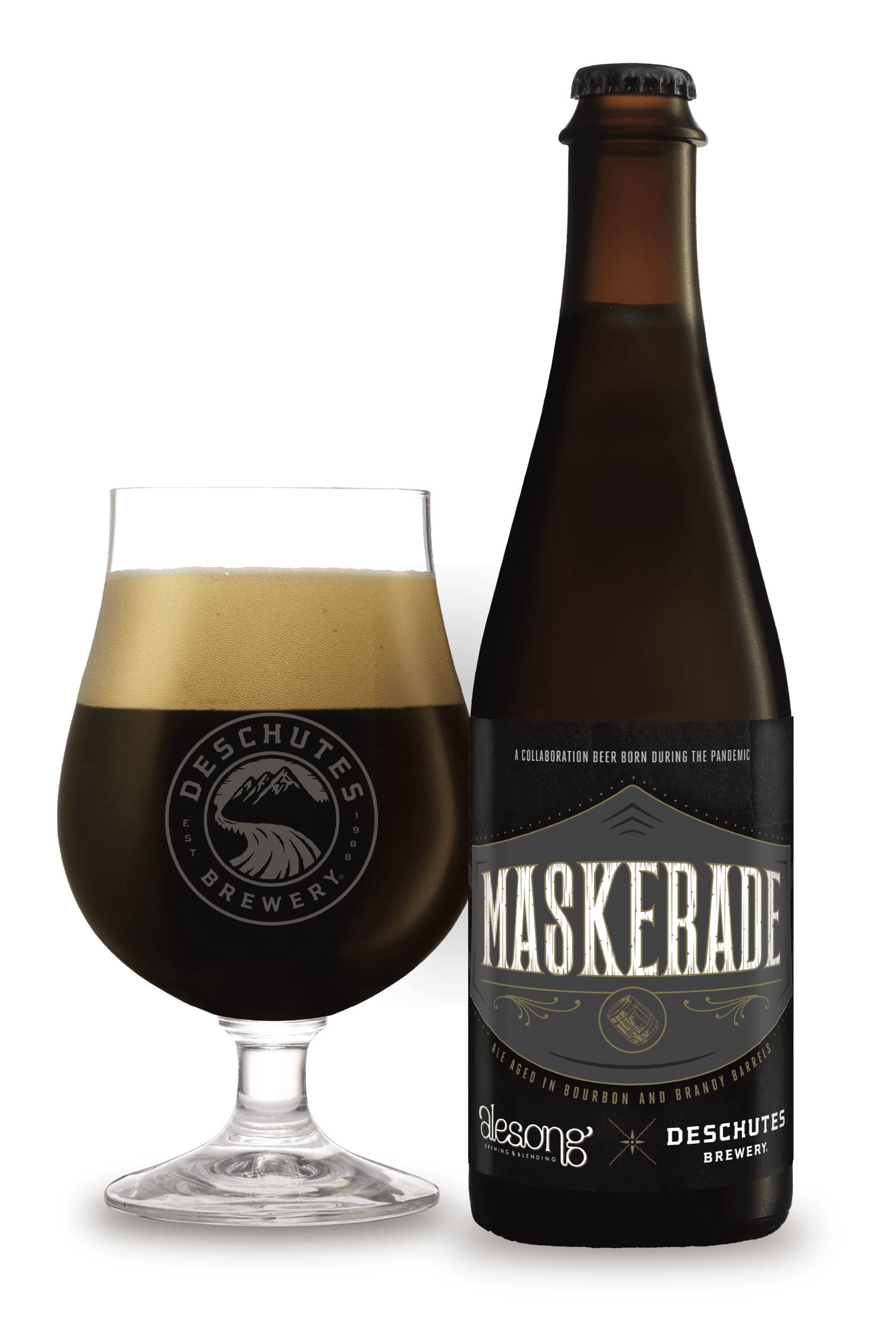Deschutes Brewery and Alesong Brewing Maskerade 500ml bottle and snifter