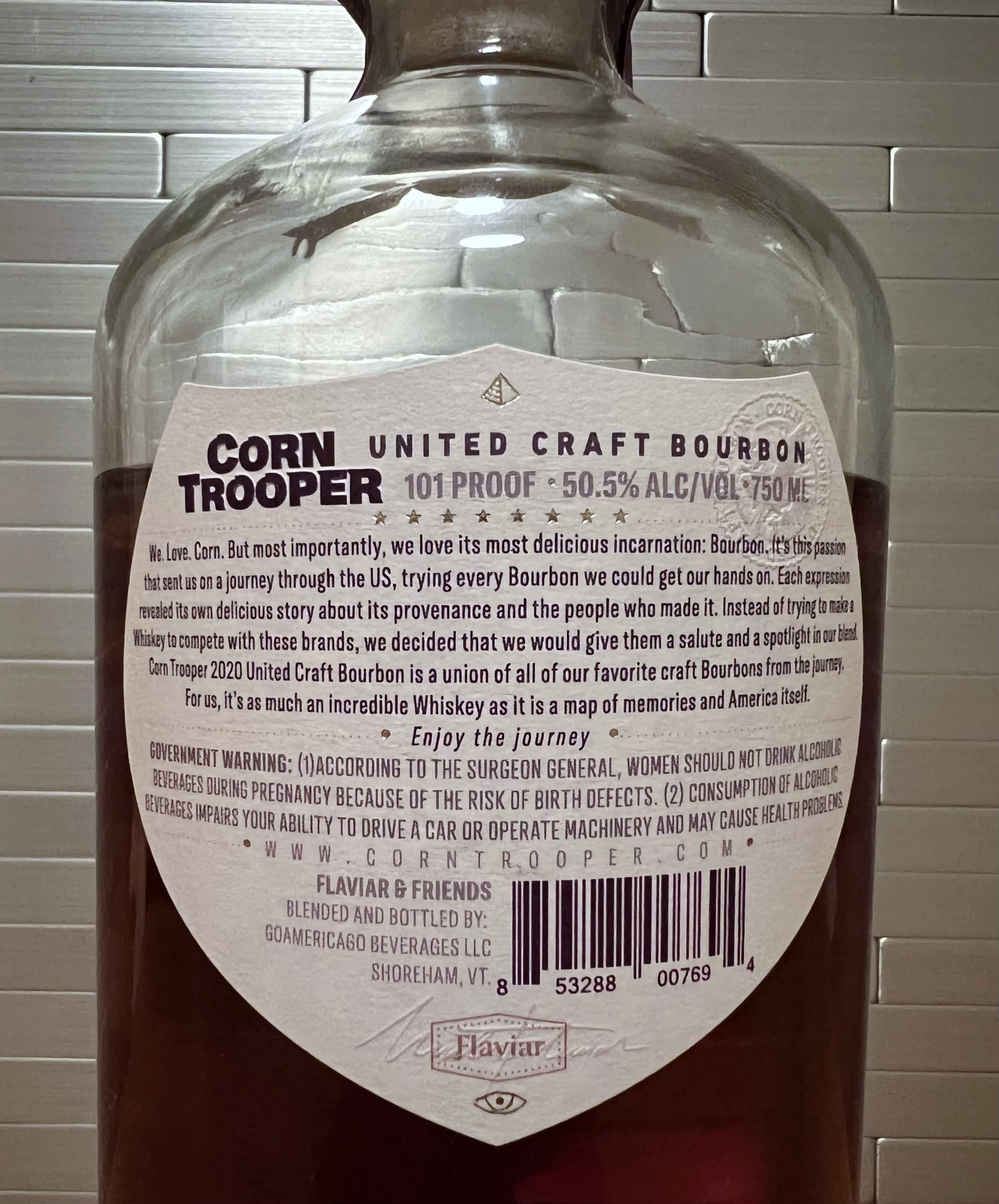 The back label on a bottle of Corn Trooper - 2020 United Craft Bourbon