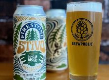 A pour of the 2022 version of STiVO Pils, a collaboration from Firestone Walker Brewing and Russian River Brewing.