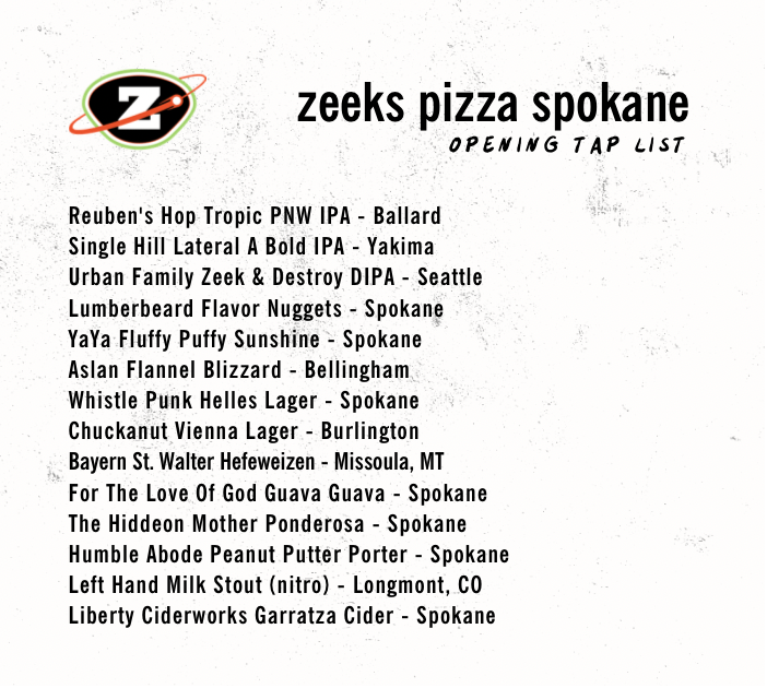 Opening Taplist at Zeeks Pizza in Spokane, WA