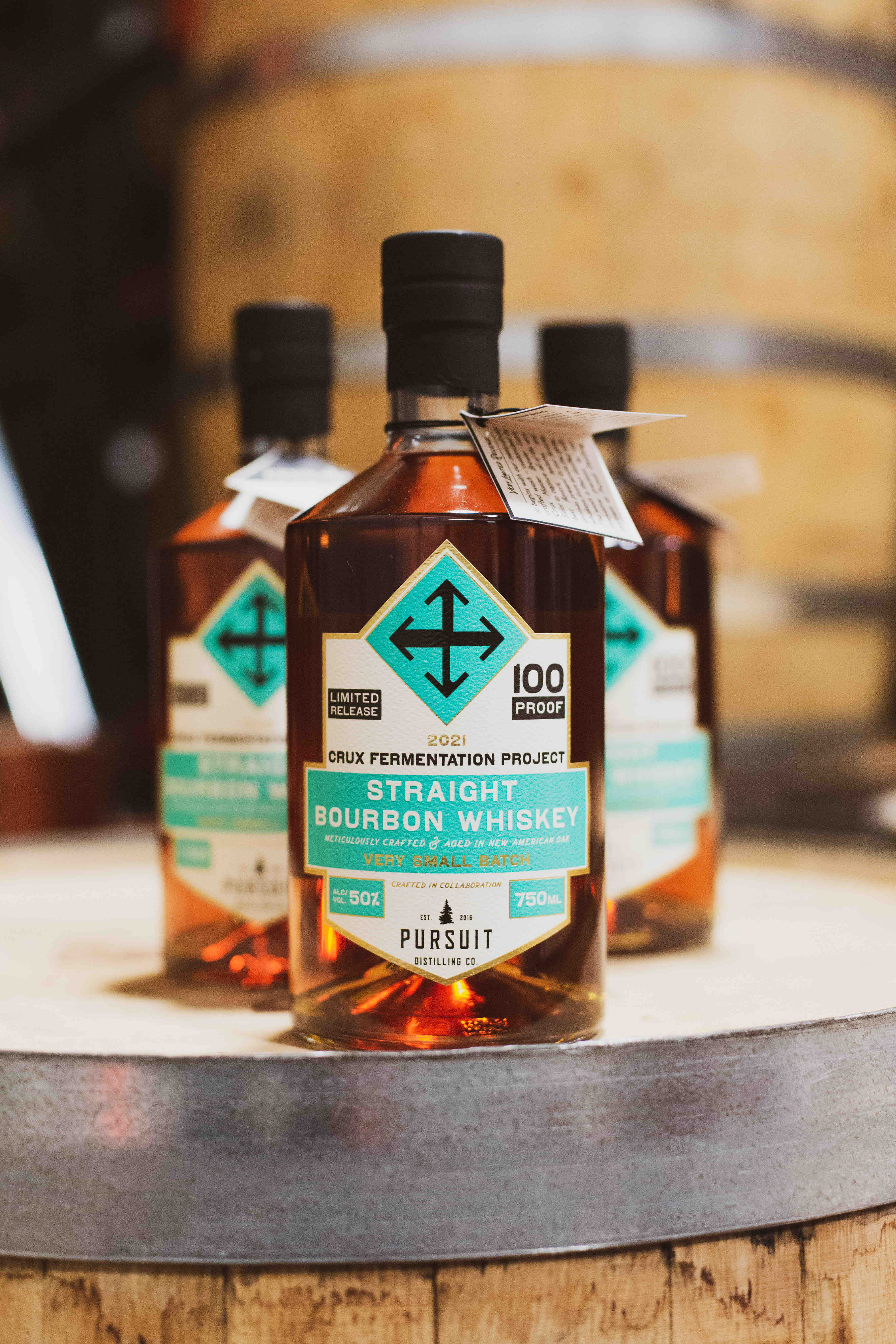 image of Crux Fermentation Project and Pursuit Distilling Co. Straight Bourbon Whiskey – Very Small Batch No.1 courtesy Crux Fermentation Project