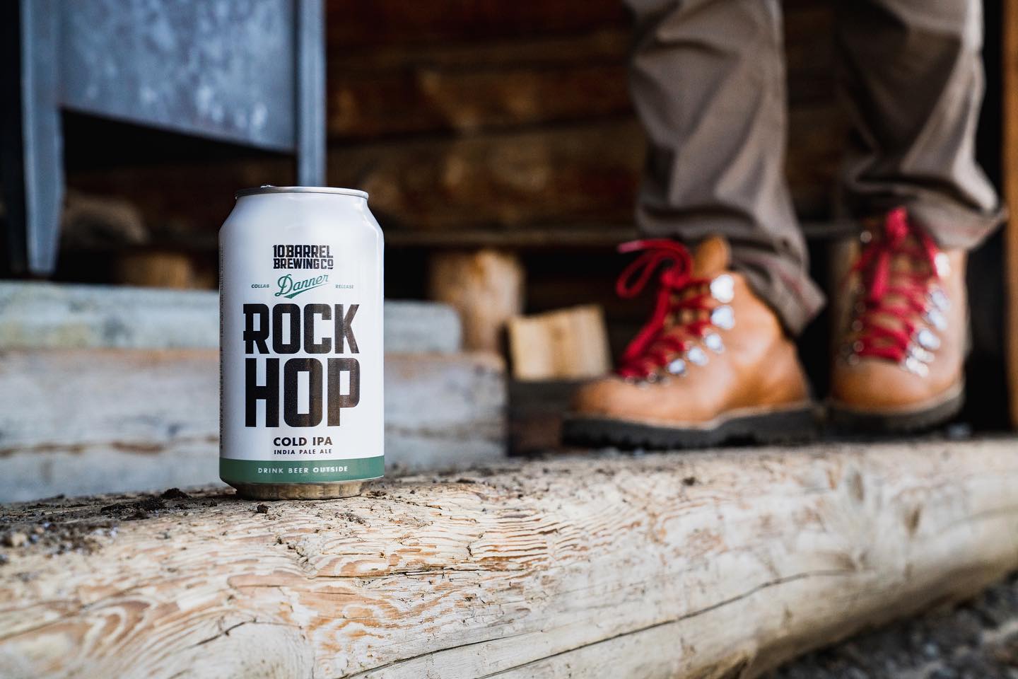 image of Rock Hop Cold IPA with a pair of Danner boots courtesy of 10 Barrel Brewing