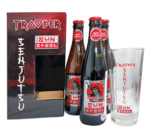 image of TROOPER Senjutsu - a special-edition box set featuring 3 bottles of TROOPER Sun and Steel Saké Lager alongside a commemorative glass courtesy of Artisanal Imports