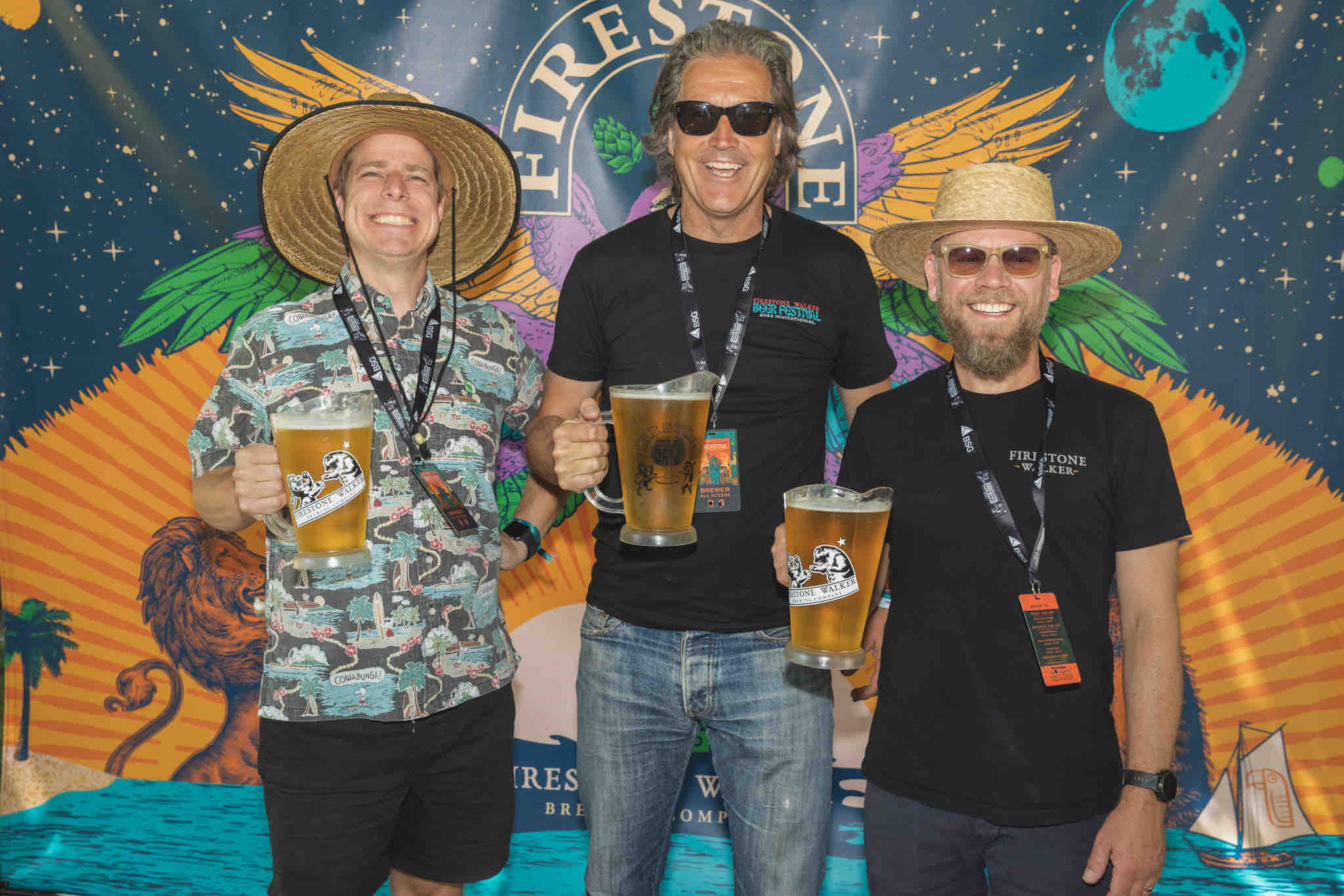 Evan Price from Green Cheek Beer Co. and David Walker and Matt Brynildson from Firestone Walker Brewing at the 2022 Firestone Invitational Beer Fest. The two breweries collaborated on Parrotphrase, a dry-hopped grisette ale brewed just for the 2022 Firestone Walker Invitational Beer Fest. (image courtesy of Firestone Walker Brewing)