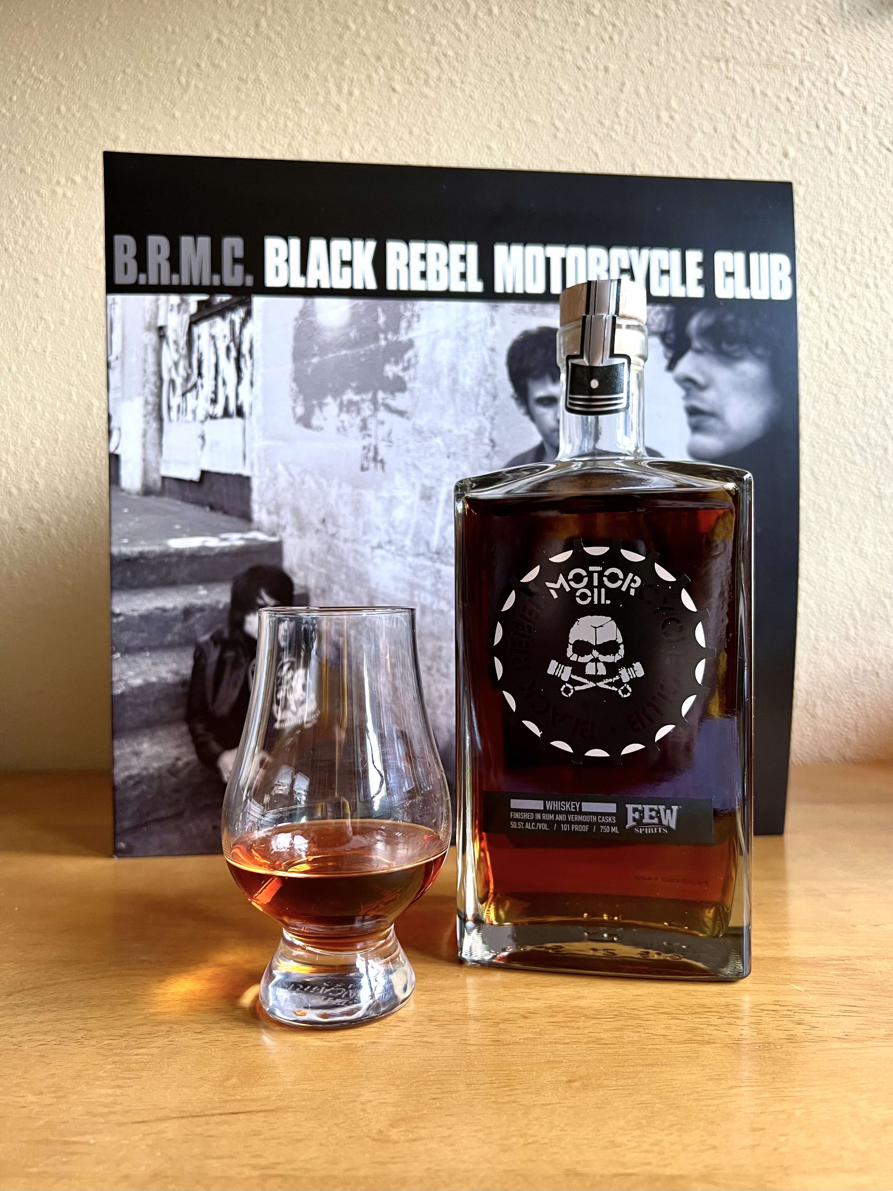 FEW Spirits and Black Rebel Motorcycle Club collaborate on Motor Oil Whiskey, a 101 proof blended whiskey that'll impress fans of this legendary band.