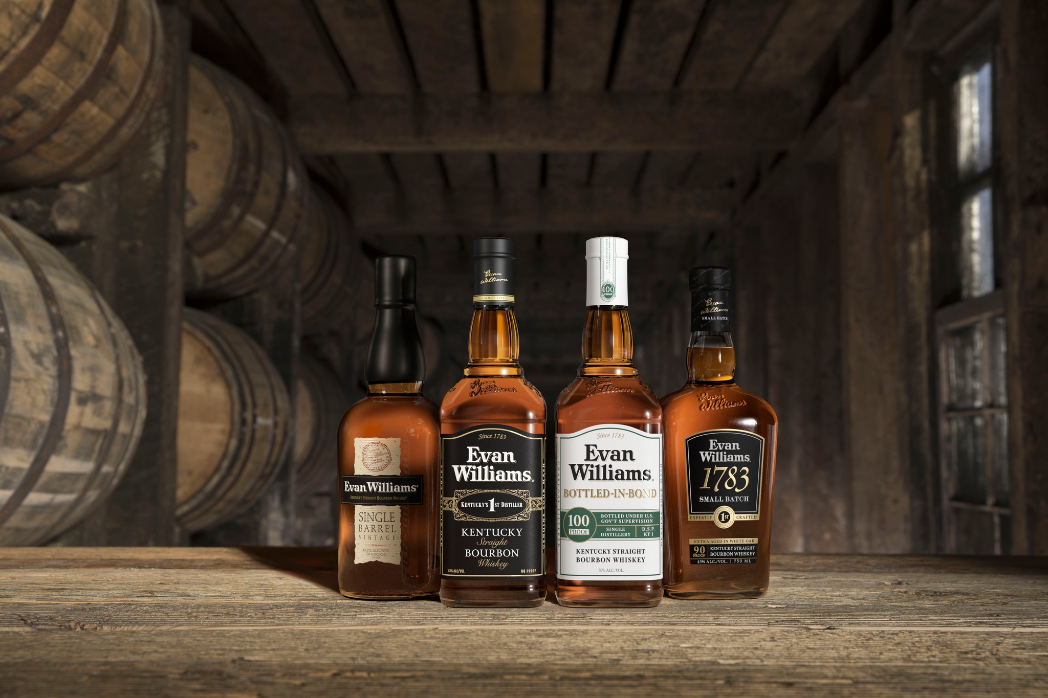 image of the current lineup of Evan Williams Bourbon courtesy of Evan Williams Distillery