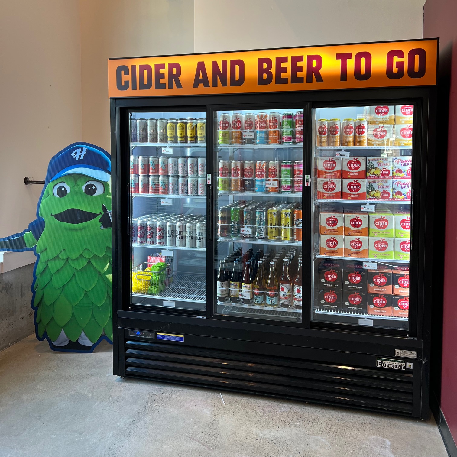 Barley the Hop will greet you when you grab some cider and beer to go at the new Portland Cider Westside Pub in Beaverton, Oregon.