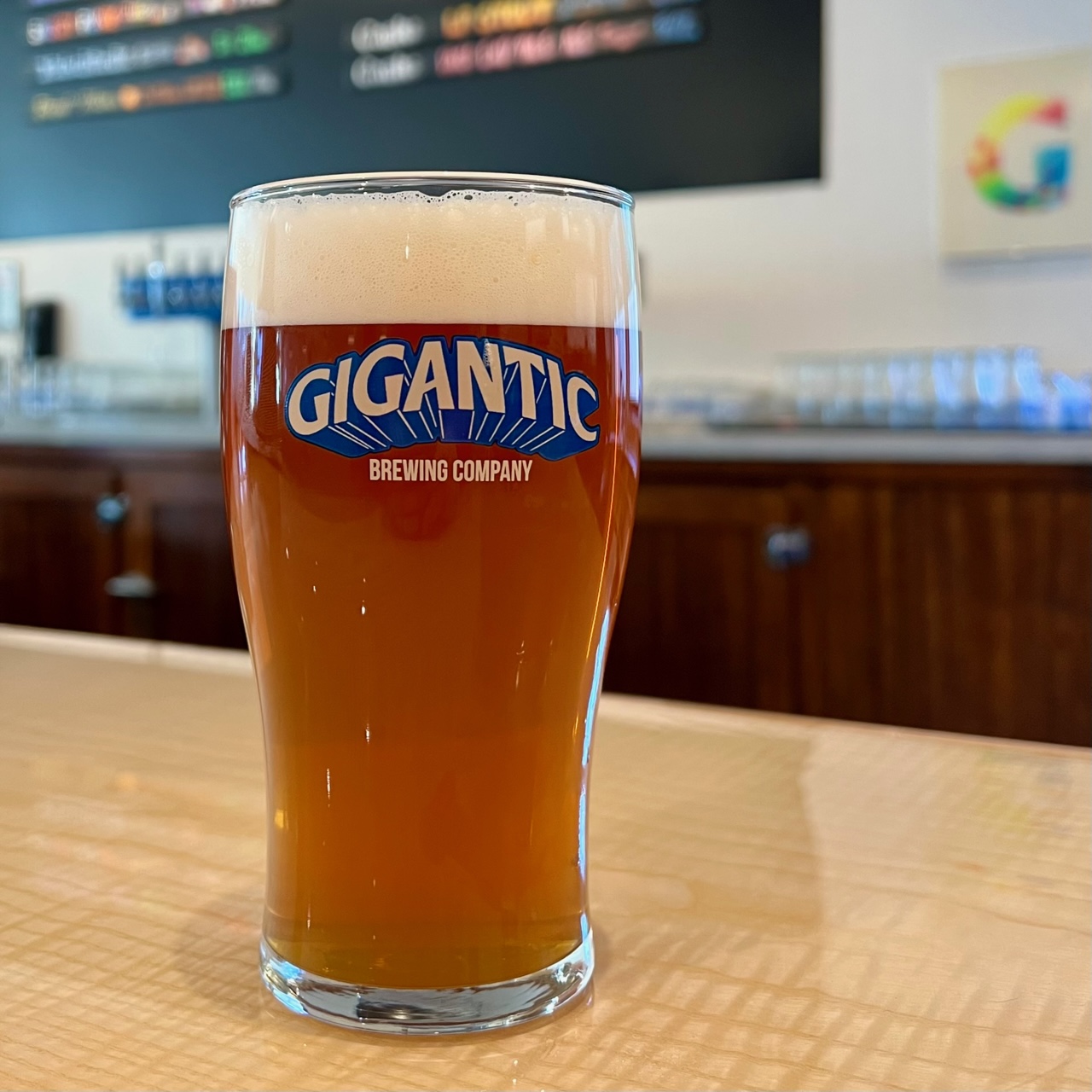 A pint of Days End Pale Ale with experimental hops on the cask engine at Gigantic Brewing Hawthorne Pub on a recent visit.