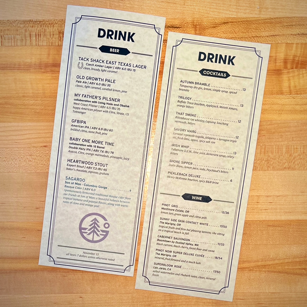 The beer and cocktail menu for the opening weekend at Grand Fir Brewing.