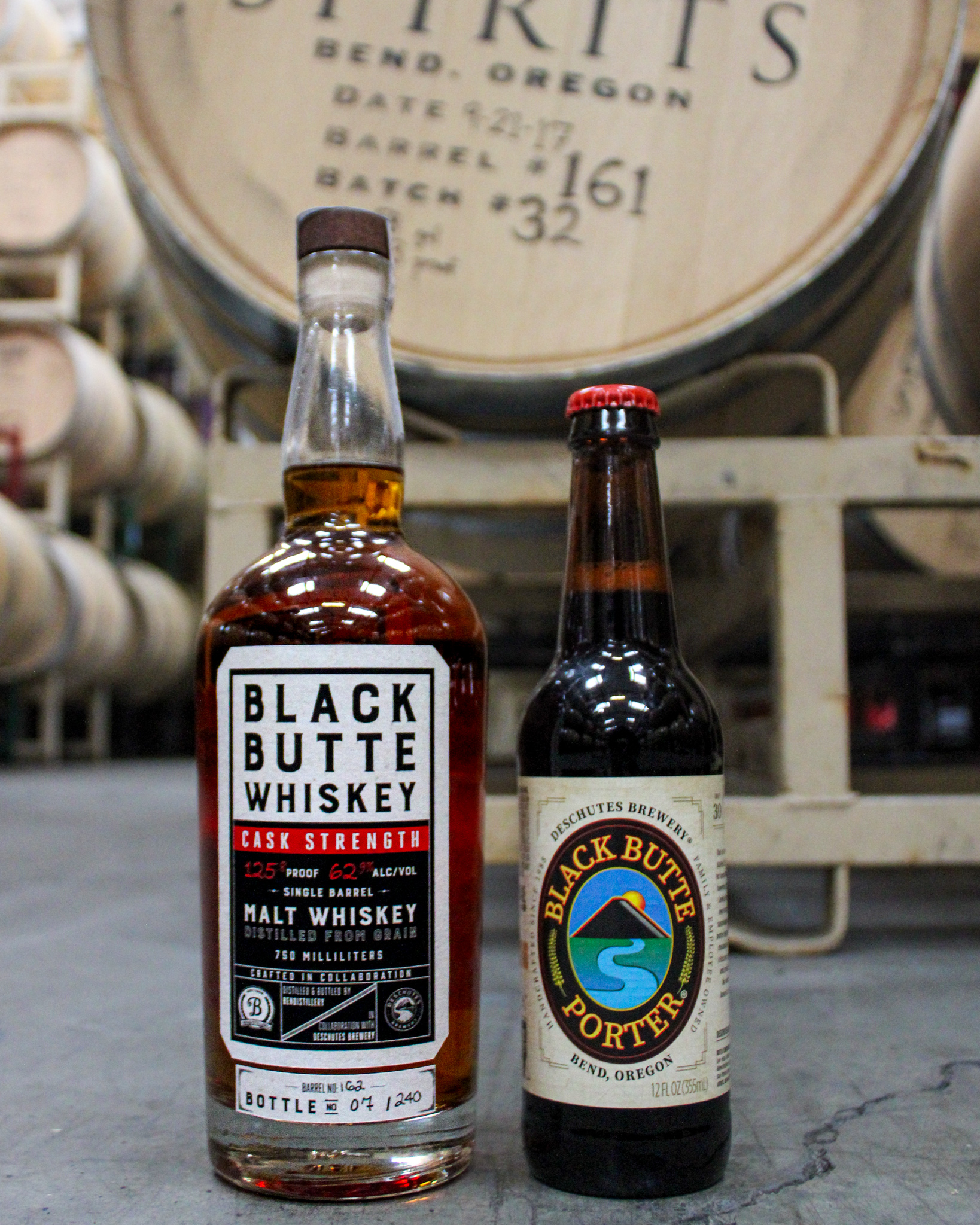 image of Black Butte Whiskey Cask Strength and Black Butte Porter courtesy of Bendistillery
