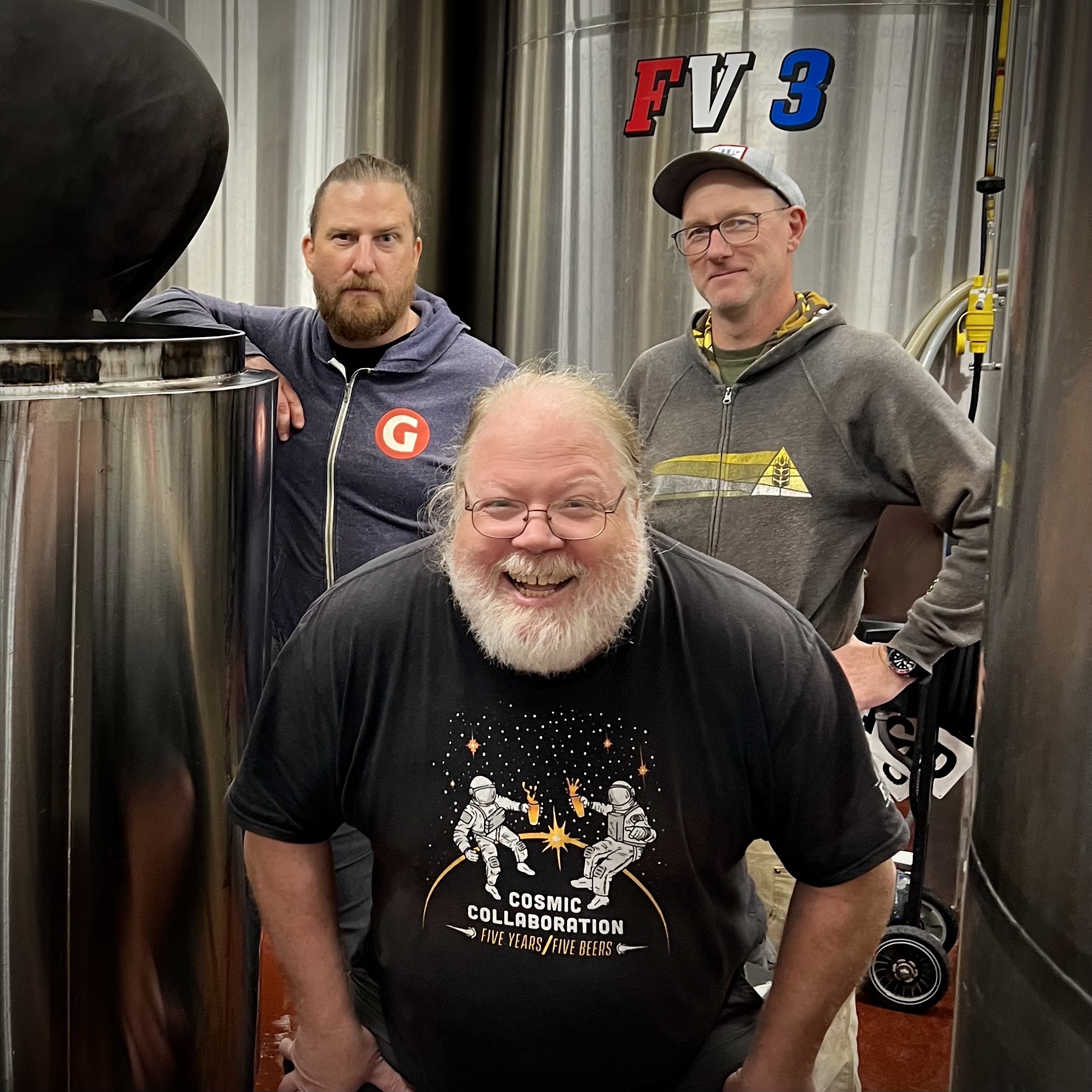 Ben Love, John Harris, and Van Havig during the brewday for Space Brontosaurus IPA. (image courtesy of Gigantic Brewing)