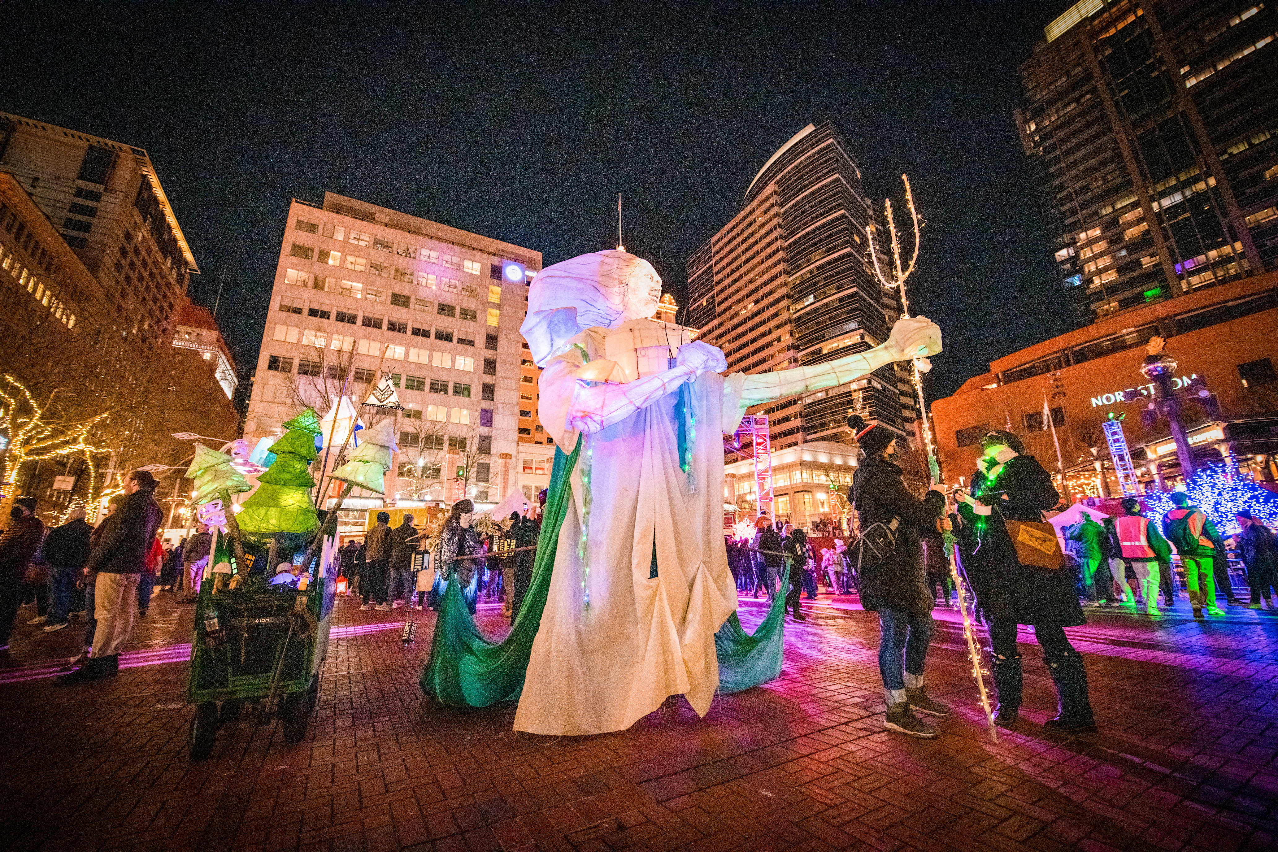 The Lady Portlandia by RAWR during the lantern procession at the 2022 Portland Winter LIght Festival. Photo © 2022 Dylan Evanston