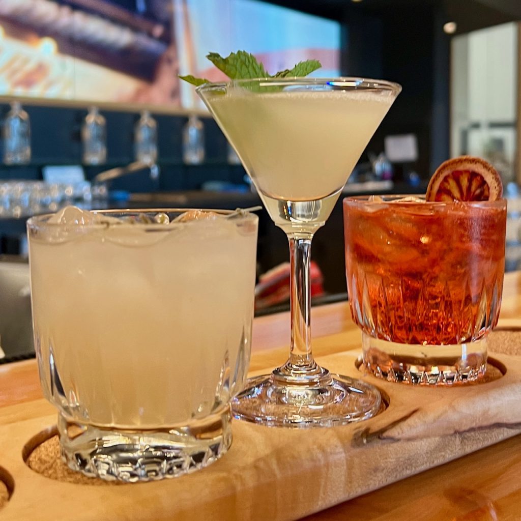 A mini-cocktail flight at the Aviation American Gin tasting room.