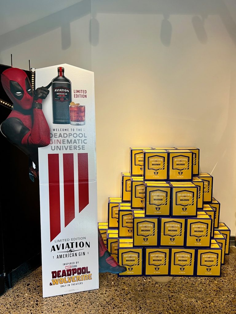 Deadpool and Wolverine bottles at Aviation American Gin.