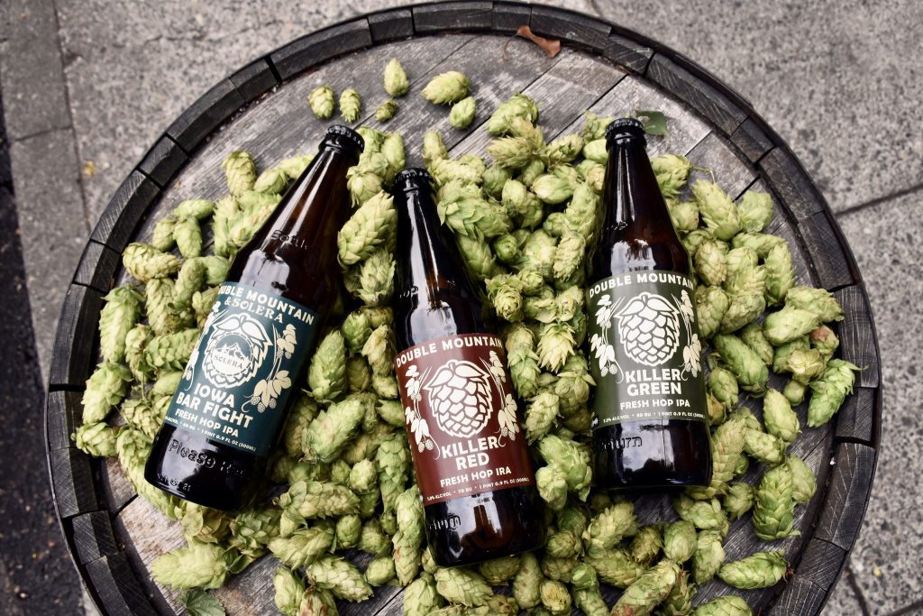 image of Fresh Hop Iowa Bar Fight, Killer Red and Killer Green courtesy of Double Mountain Brewery & Cidery