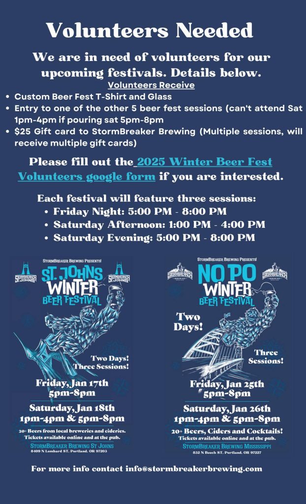 StormBreaker Brewing 2025 Winter Beer Festivals - Volunteers Needed