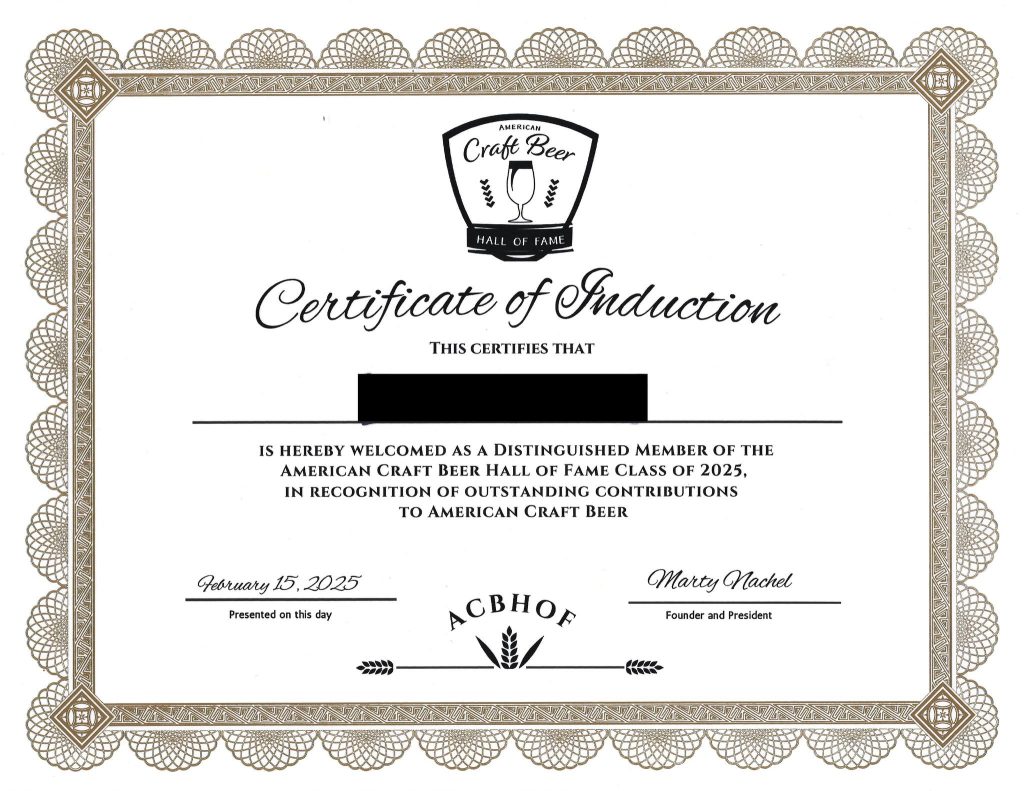 American Craft Beer Hall of Fame Certificate of Induction