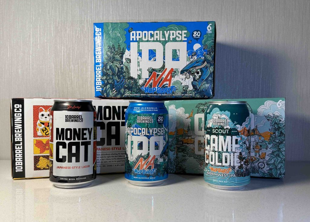 10 Barrel Brewing Money Cat, Apocalypse NA IPA and Camp Coldie Northwest IPA,